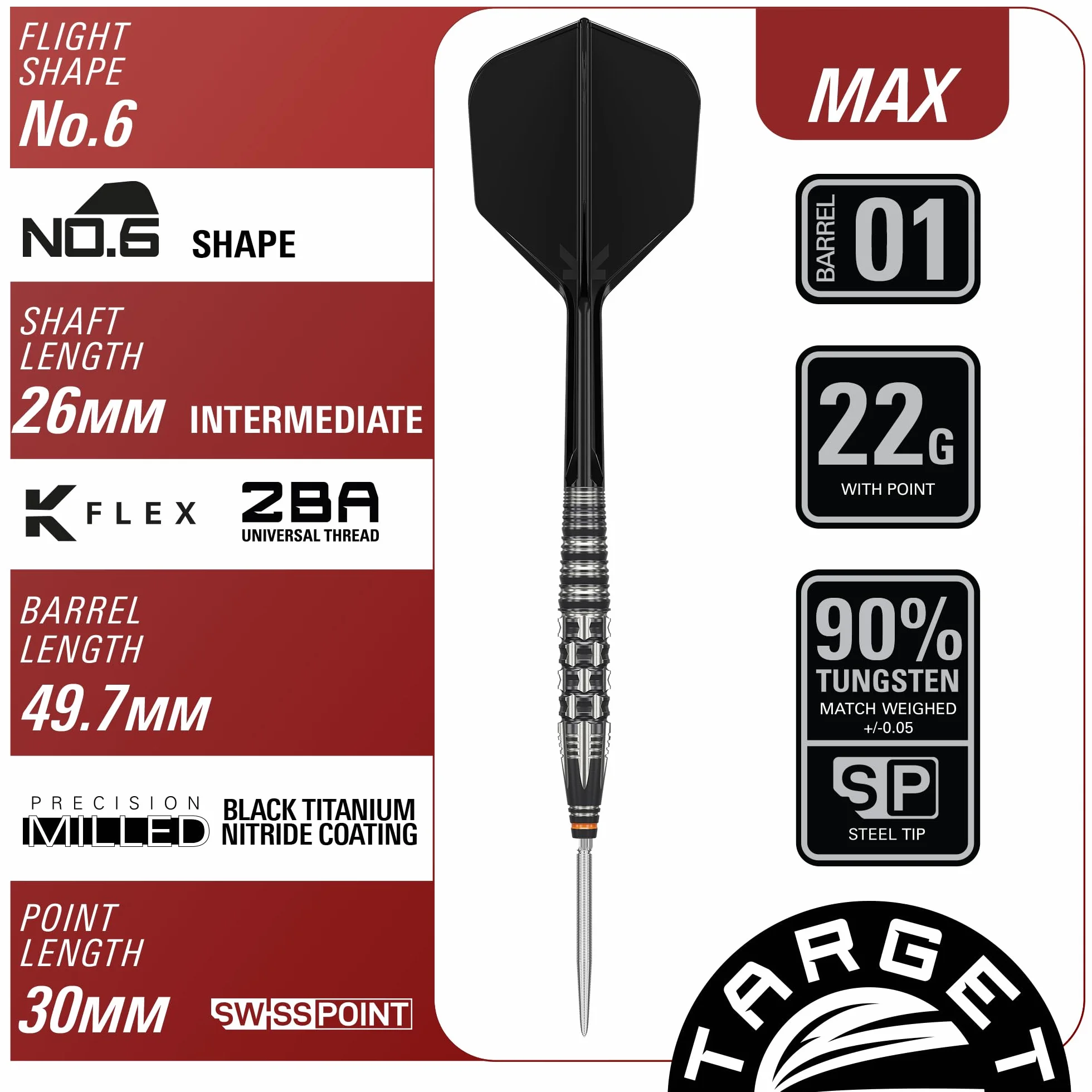 Target Japan Black Marque Max Dancing Duck G4 Steel Tip Darts with Kflex 25G | Zestaw rzutek z 90% wolframu, skrzydełka K-Flex i trzonek nr 6, groty Nano Swiss Point, Yuya Higuchi Gen 4
