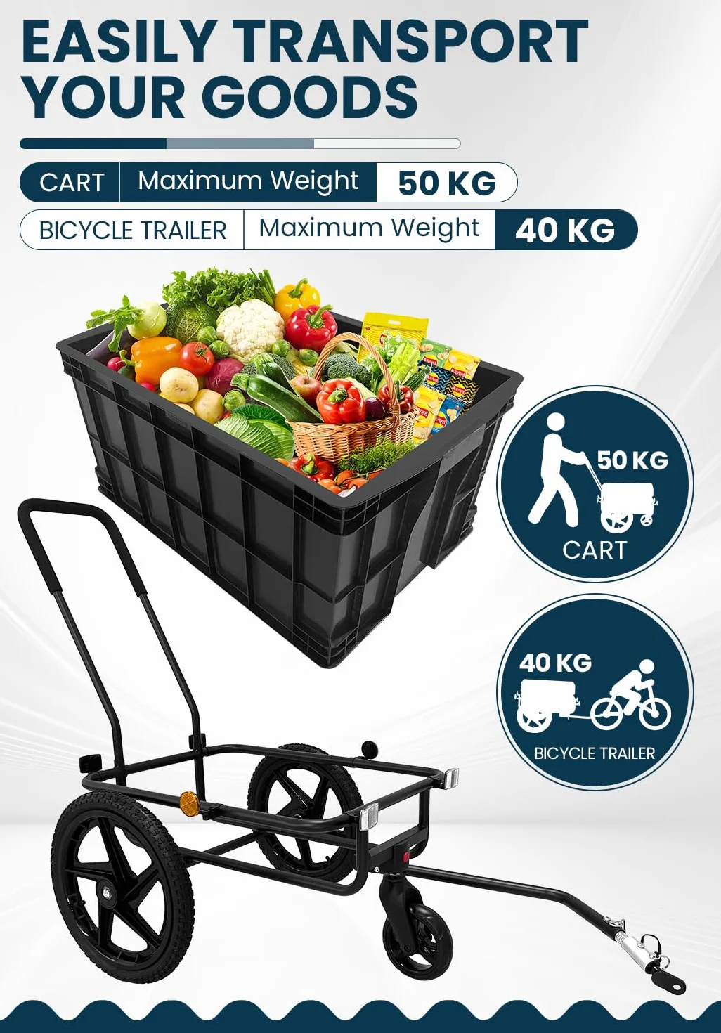 Przyczepa rowerowa 2 w 1, przyczepka rowerowa z uchwytem przesuwnym, stabilna żelazna rama, opony pneumatyczne 40 cm, obciążenie do 40 kg