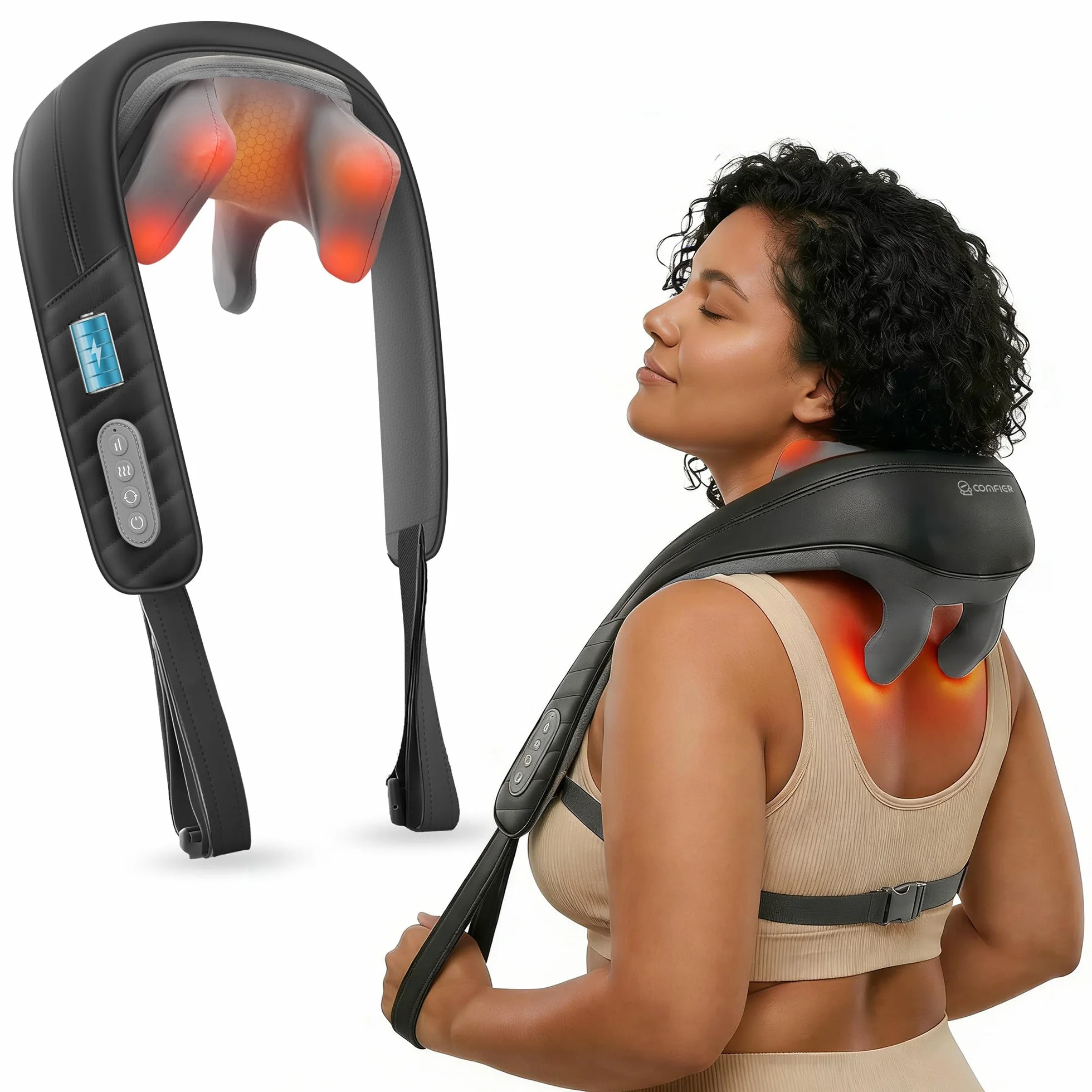COMFIER Masażer karku z ciepłem, bezprzewodowy masażer Shiatsu 4D dla ekspertów w zakresie karku, pleców, nóg, ramion, shiatsu do domu, biura, jako prezent dla mężczyzn i kobiet
