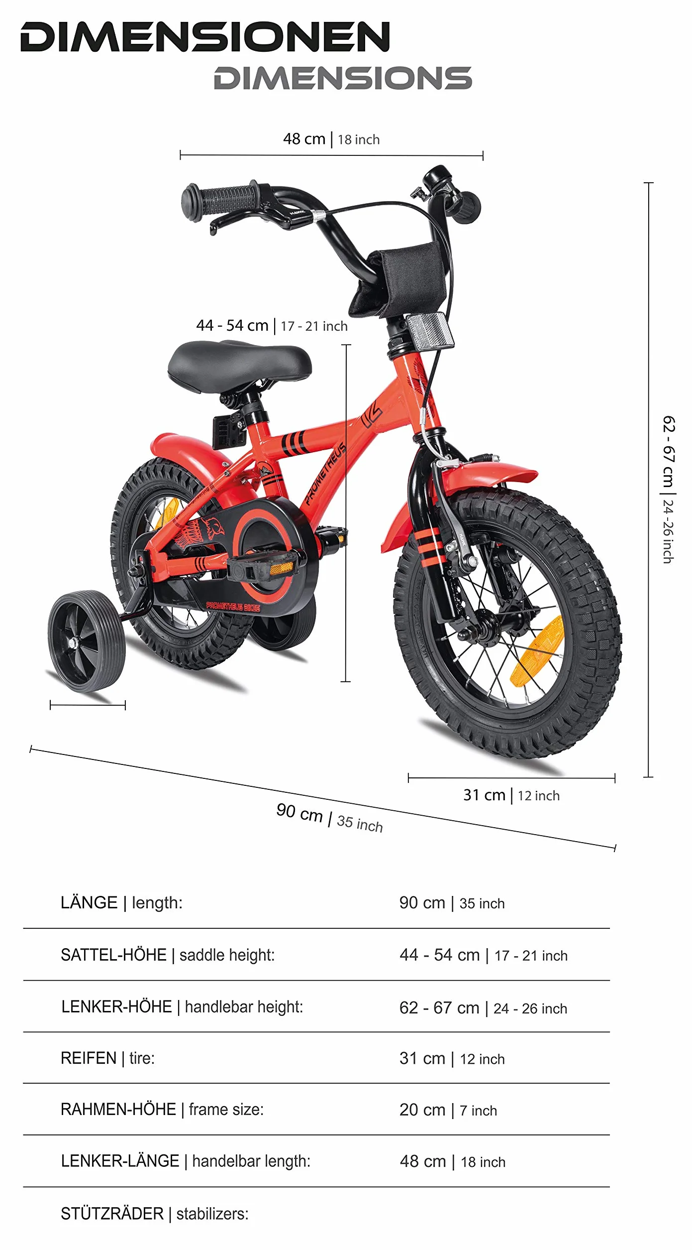 Prometheus rower dziecięcy, 12", dla chłopców i dziewcząt w wieku od 3 lat, model BMX, model 2021, czerwono-czarny