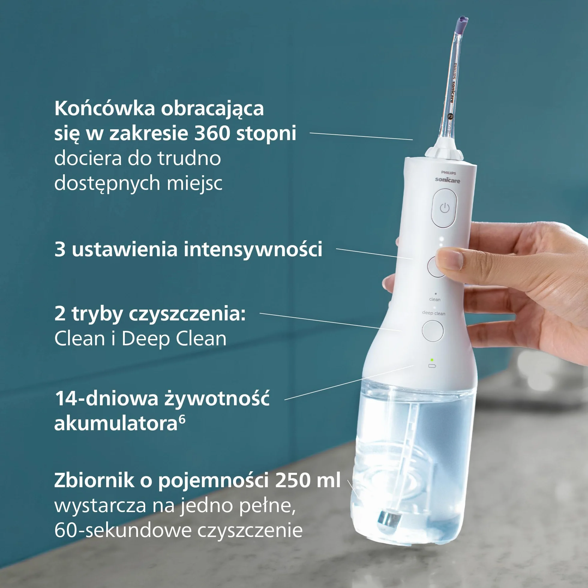 Philips Sonicare Power Flosser 3000 Bezprzewodowy irygator do jamy ustnej, irygator do zębów, dziąseł i higieny jamy ustnej, białym (model HX3826/31)