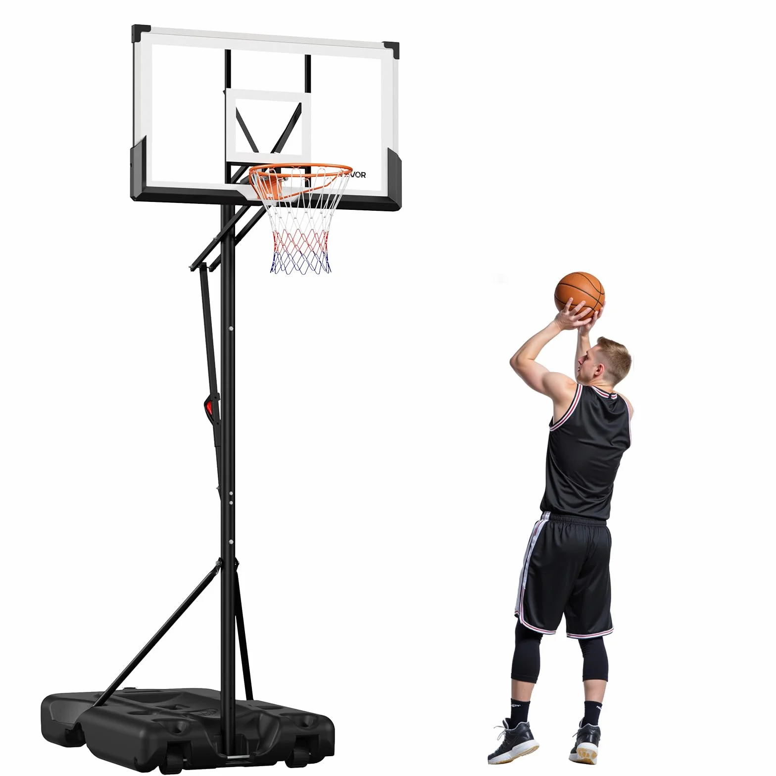 VEVOR Przenośny kosz do koszykówki z kółkami, system obręczy, siatka i panel PC, 139 cm, regulowana wysokość 3,05 m, do użytku wewnątrz