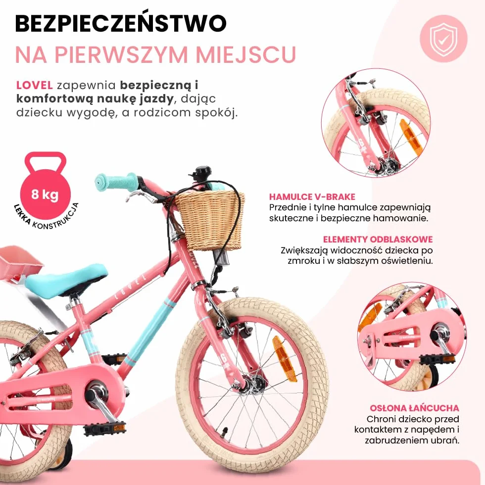 Sun Baby Rower Dziecięcy 14/16 Cali LOVEL, rower dla dziewczynki i chłopca 3-6 Lat, Max 50 kg - kółka boczne, koszyk, dzwonek, osłona łańcucha