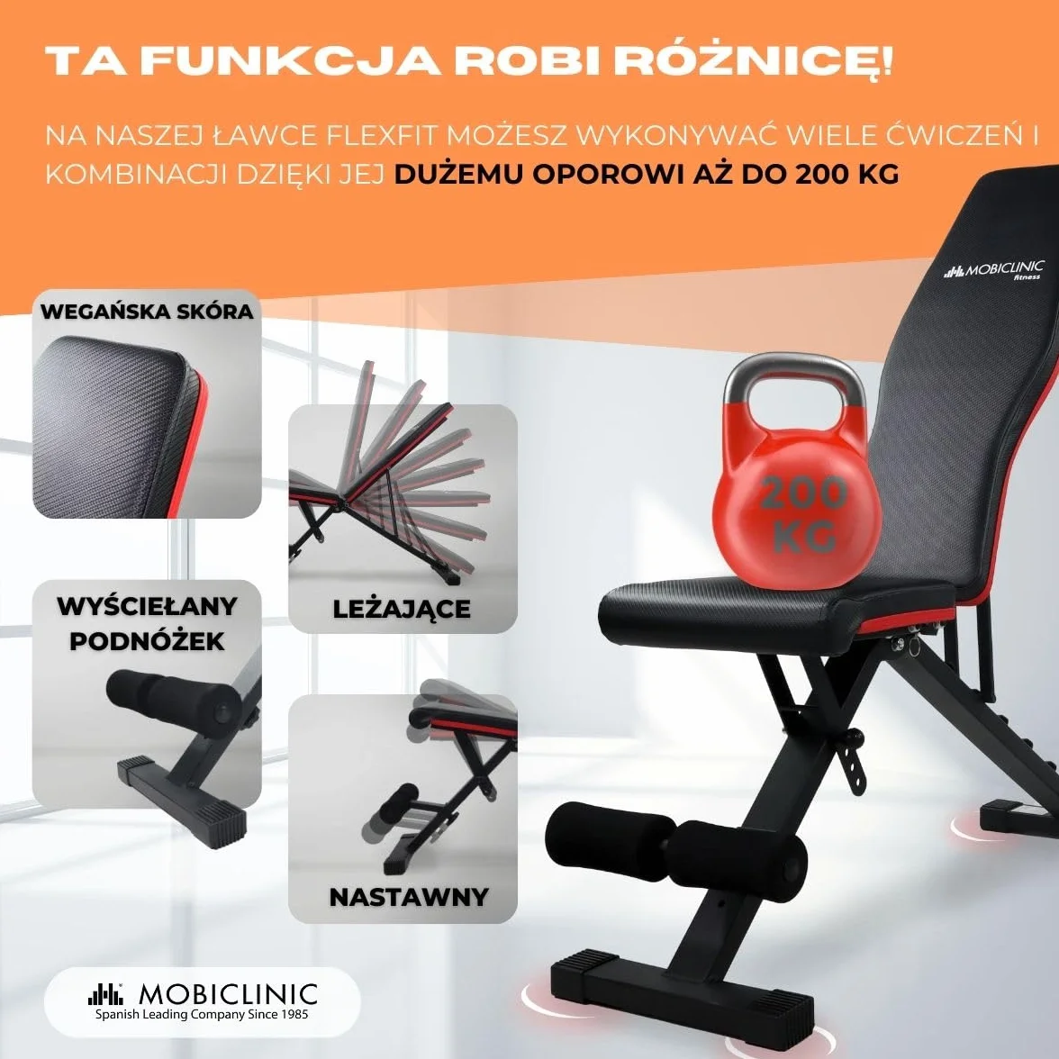 Mobiclinic® fitness, Ławka treningowa, Składana, Udźwig 200 kg, Regulowane siedzisko i oparcie, Flexfit, Wielofunkcyjna, Trening całego ciał, Mocna stabilna, Domowa łownia