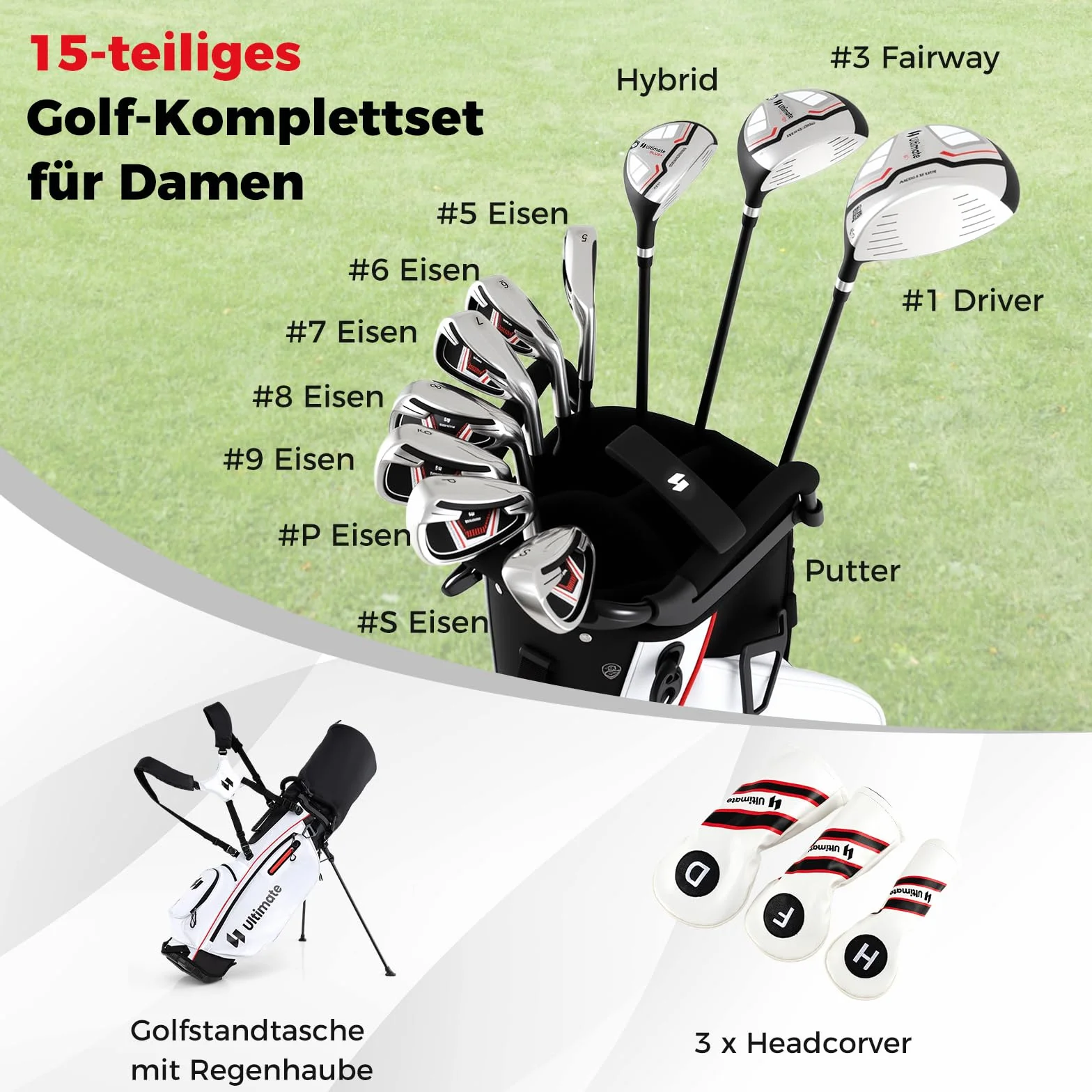 COSTWAY Kompletny zestaw damskich kijów golfowych, 9/11-częściowy zestaw kijów golfowych dla praworęcznych z osłoną przeciwdeszczową, zestaw do golfa z 1 Driver i 3 Fairway i 4 Hybrid & 6/7/8/9/P