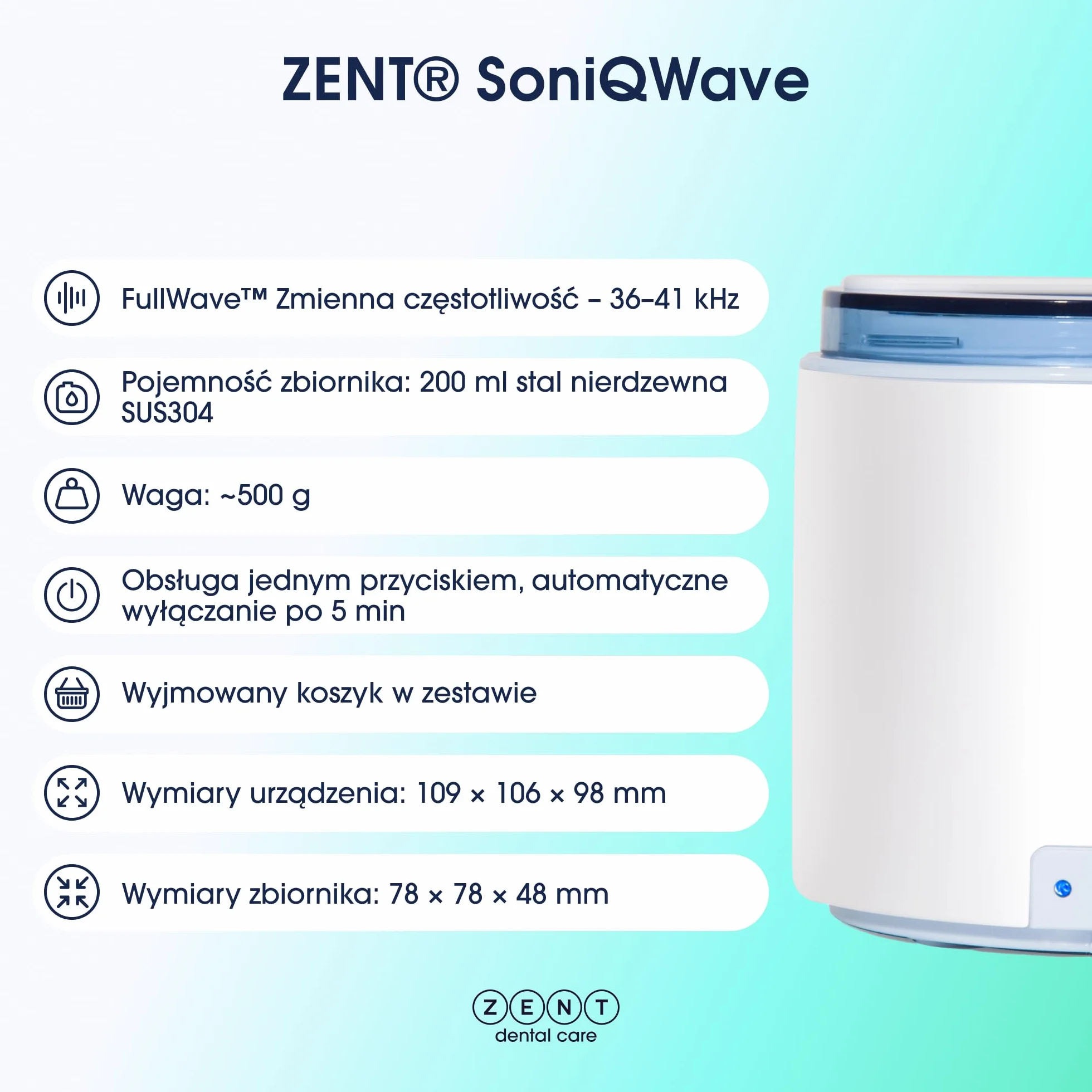 ZENT SoniQWave Myjka ultradźwiękowa do aparatów ortodontycznych, protez, nakładek i biżuterii - Kompaktowa, Technologia czyszczenia 360°, 5-minutowy cykl, Stal nierdzewna