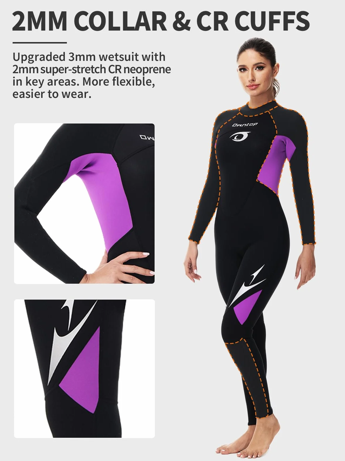Owntop Damski Kombinezon Neoprenowy 3/2mm Długi Rękaw Fioletowy M