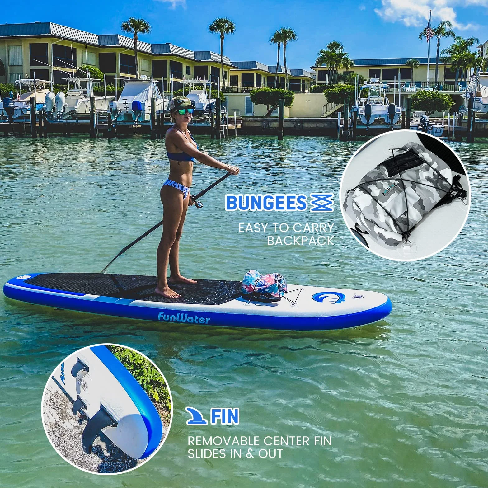 FunWater 10'6"-11'6" SUP Deska, nadmuchiwana deska do paddleboard dla wszystkich poziomów, idealna dla początkujących i rodzin, z antypoślizgowym pokładem EVA, wiosłem, pompką i pełnym wyposażeniem
