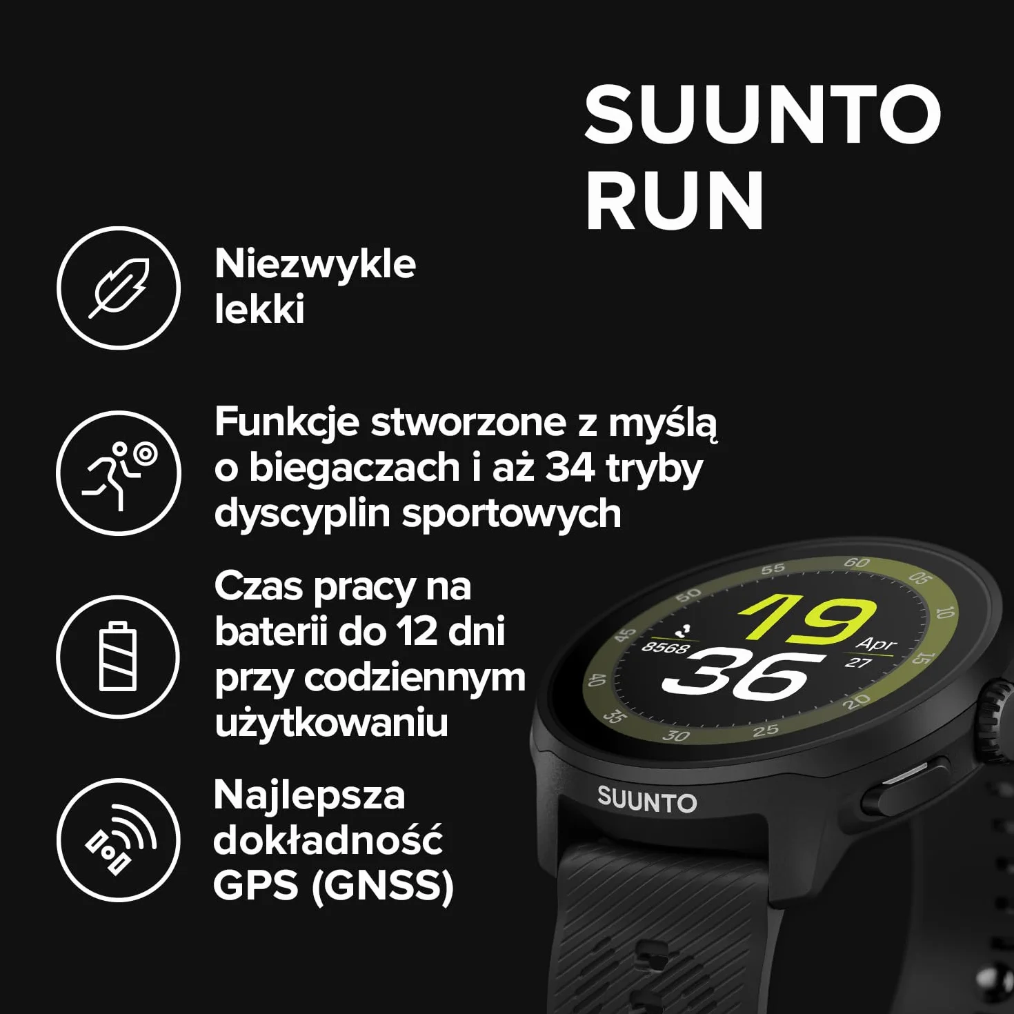 SUUNTO Run zegarek do biegania GPS, ekran dotykowy AMOLED 1,32", lekki, multisport, monitor aktywności, precyzyjny GPS, śledzenie tętna/snu, czas pracy baterii 12 dni, pamięć muzyczna 4 GB offline