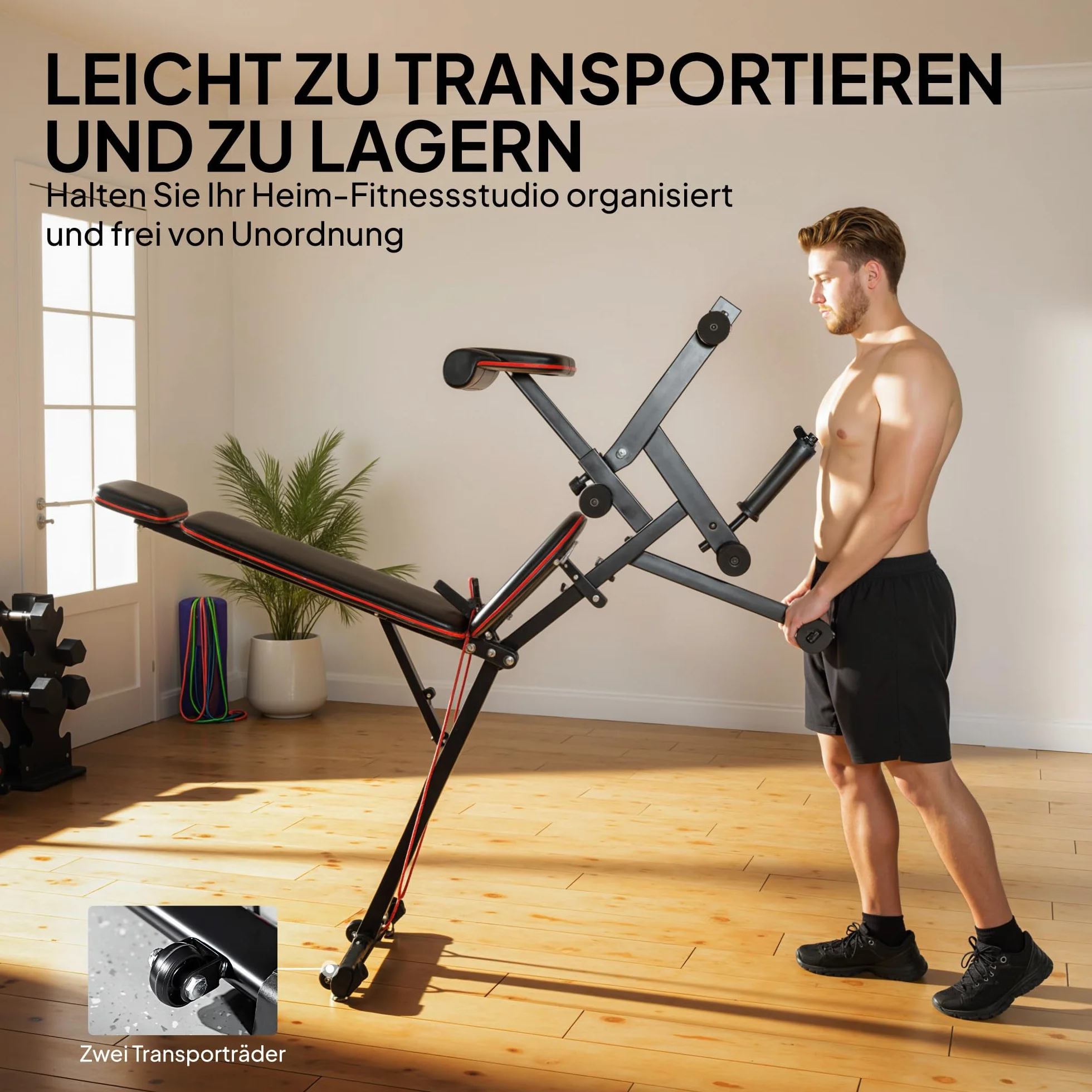 SPORTNOW Ławka do podnoszenia ciężarów, regulowana do 300 kg, 3 w 1, ławka treningowa z rolkami, prostownica do nóg, długi zagłówek, skośna ławka z taśmami oporowymi, ławka do fitnessu, do domu, na