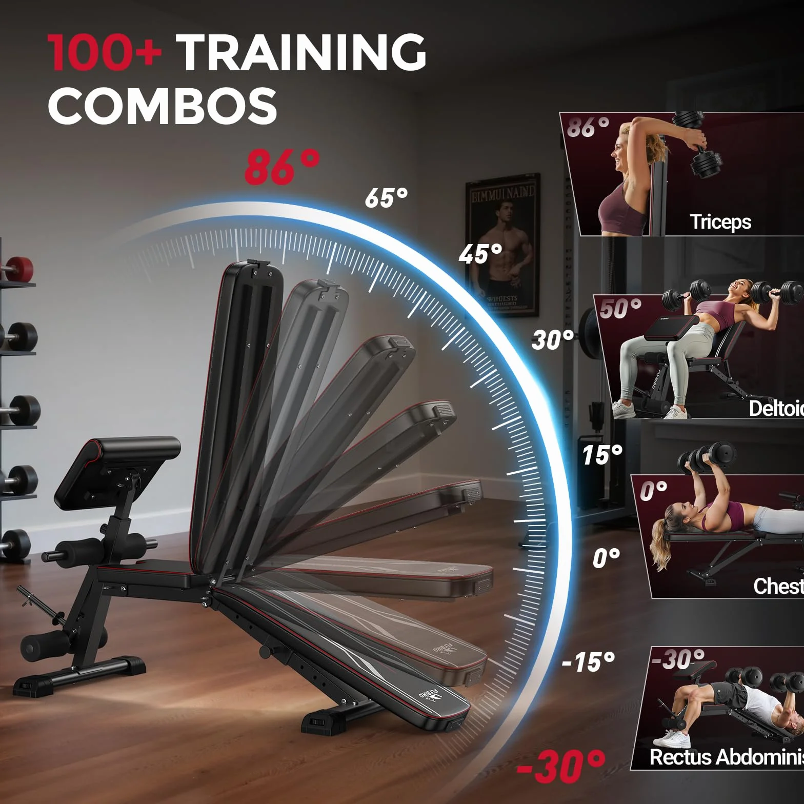 FLYBIRD Wielofunkcyjna ławka treningowa regulowana składana z przedłużeniem nóg, podkładką Preacher Curl, nośność 360 kg