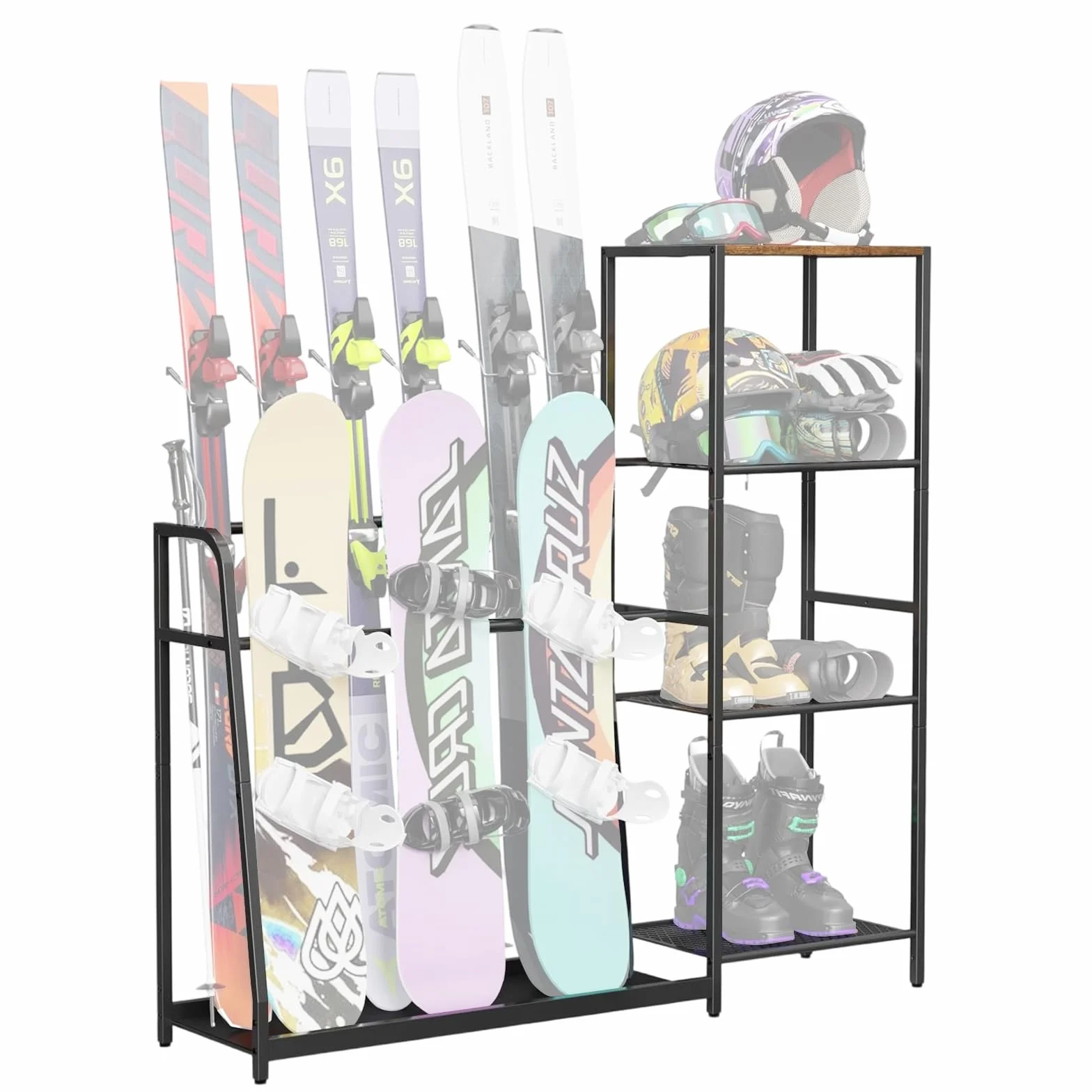 Regał do przechowywania nart, stojak na 4 pary nart, 3 deski snowboardowe, buty narciarskie, kijki narciarskie, gogle narciarskie i stojak na kask, stojak na deskę snowboardową do garażu i domu