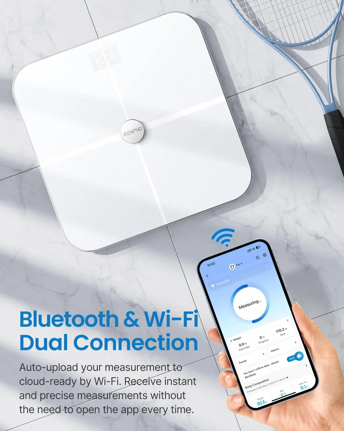RENPHO Wi-Fi Wagi tkanki tłuszczowej Skala składu ciała Bluetooth Inteligentna cyfrowa waga łazienkowa Waga Wagi BMI Fitness Monitor składu ciała z aplikacją na smartfona, ITO White