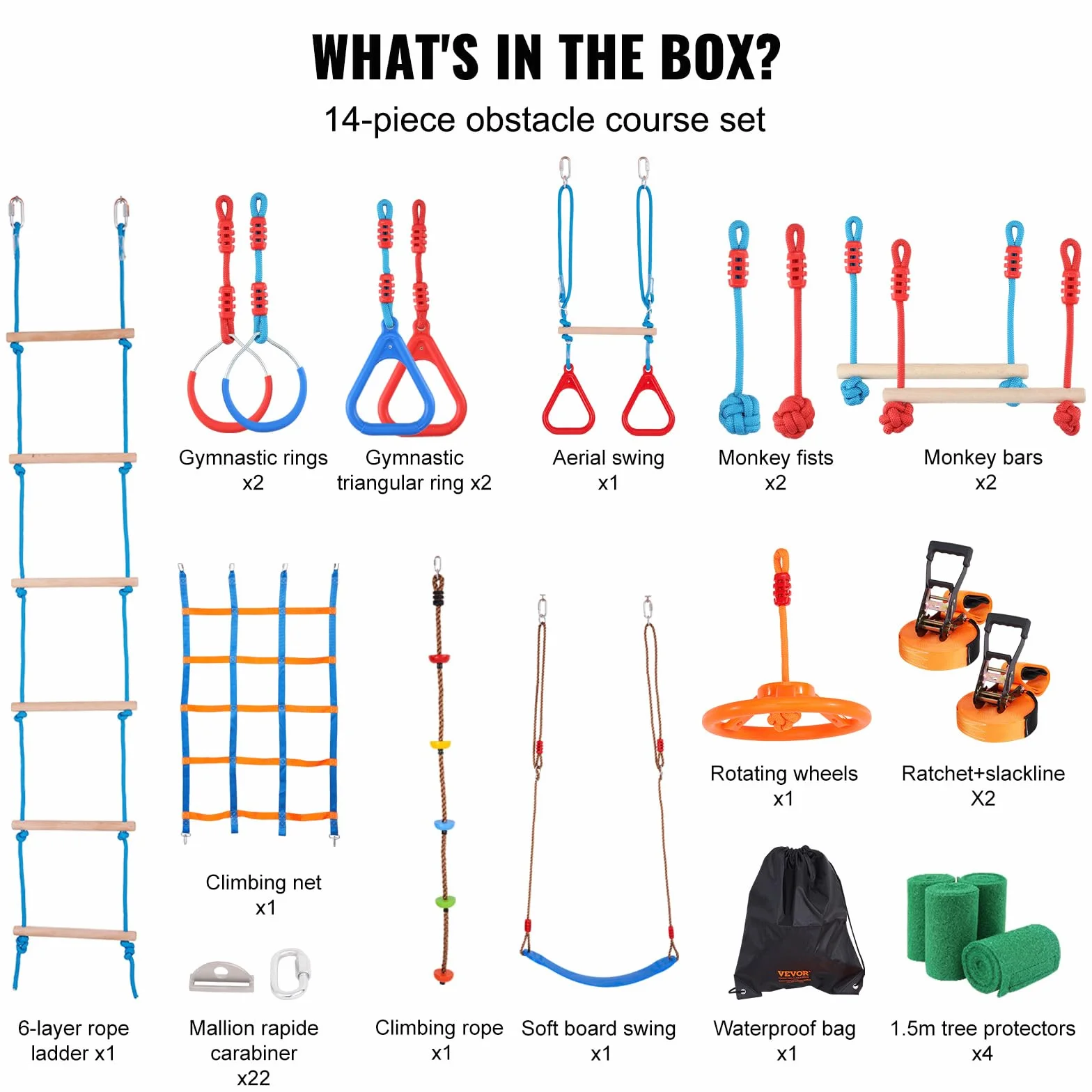 VEVOR Ninja Slackline zestaw przeszkód 2 x 18,29 m, udźwig 226,8 kg, tor przeszkód