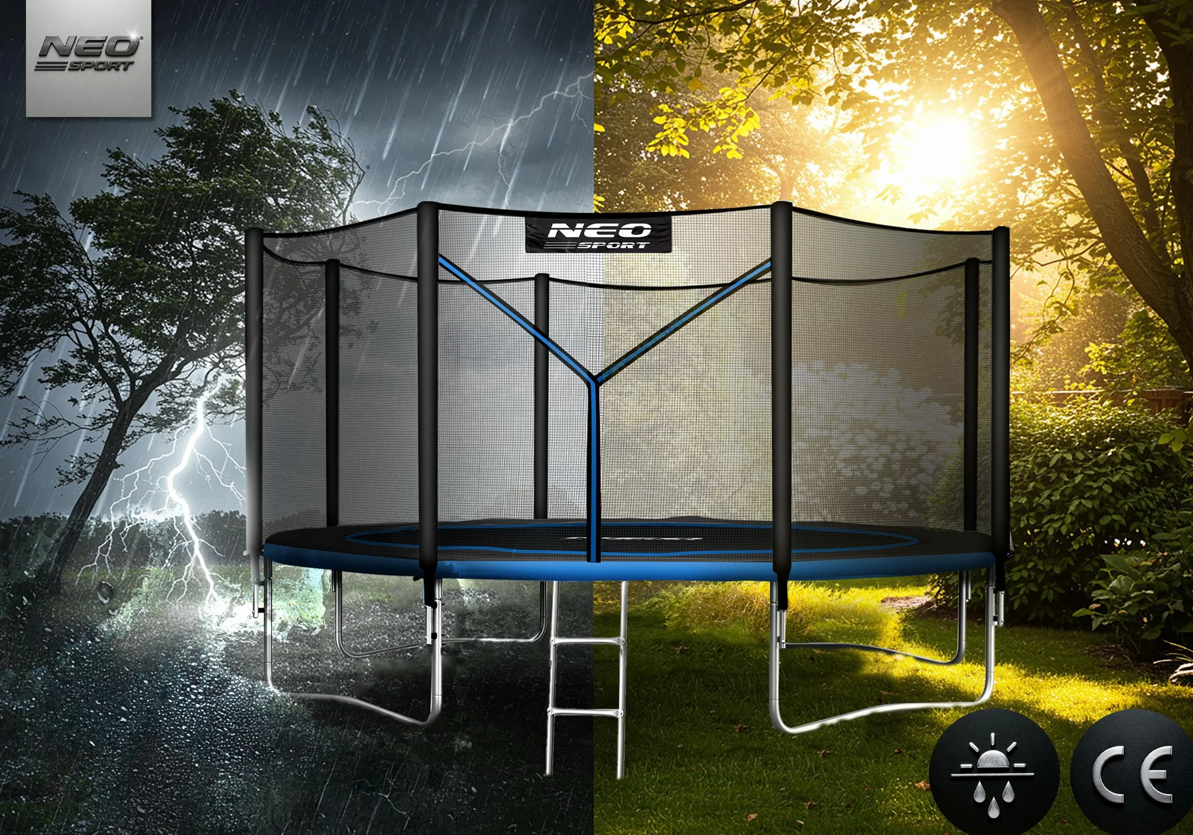 Neo-Sport Trampolina Ogrodowa Dla Dzieci Z Zewnętrzną Siatką Zabezpieczającą Drabinką 183 cm 6 ft Czarny Niebieski