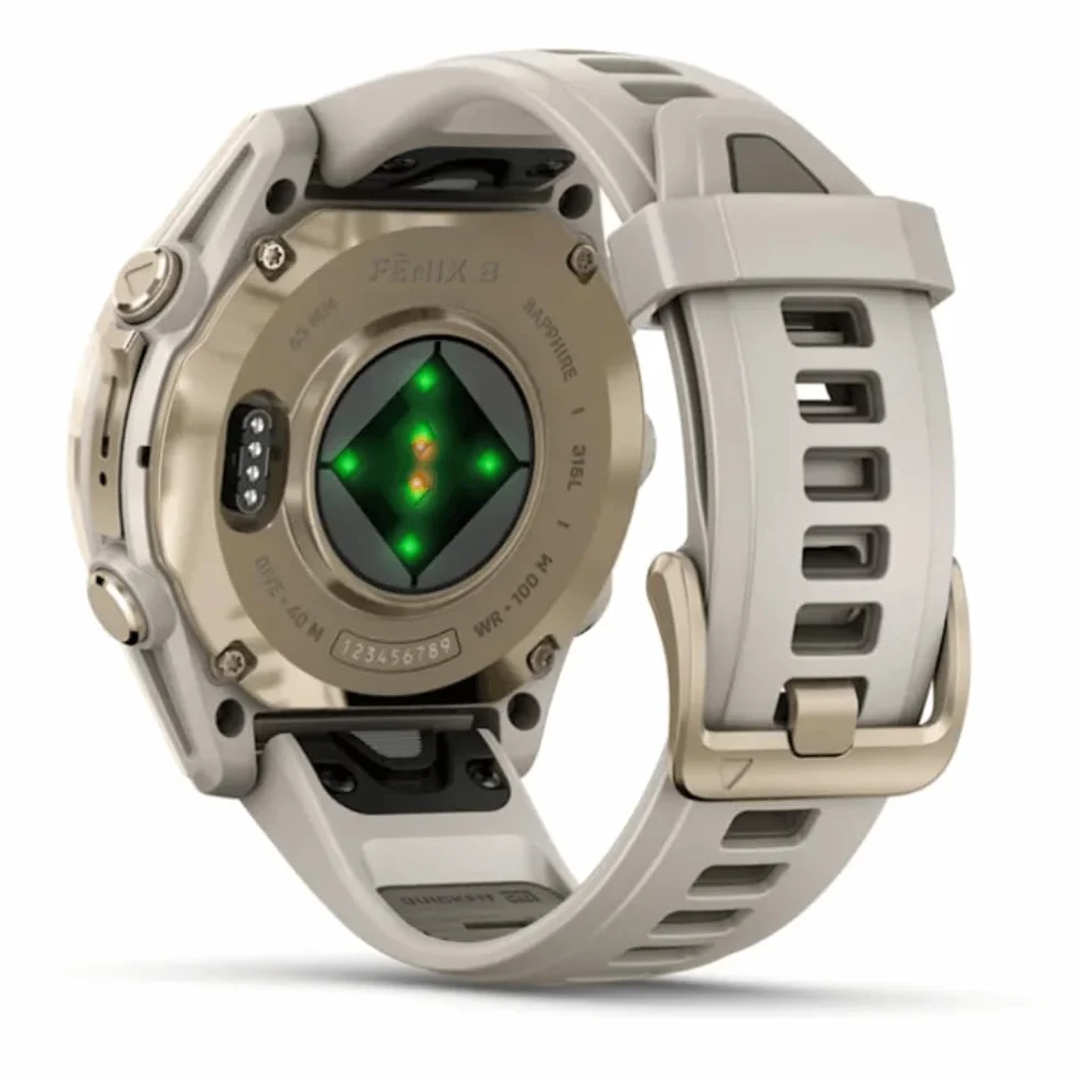 GARMIN FENIX 8-43 mm, AMOLED, SZAFIRA MIĘKKIE ZŁOTO Z SZARYM ŚMIGĄGŁYM/CIEMNYM PASEM SILIKONOWYM