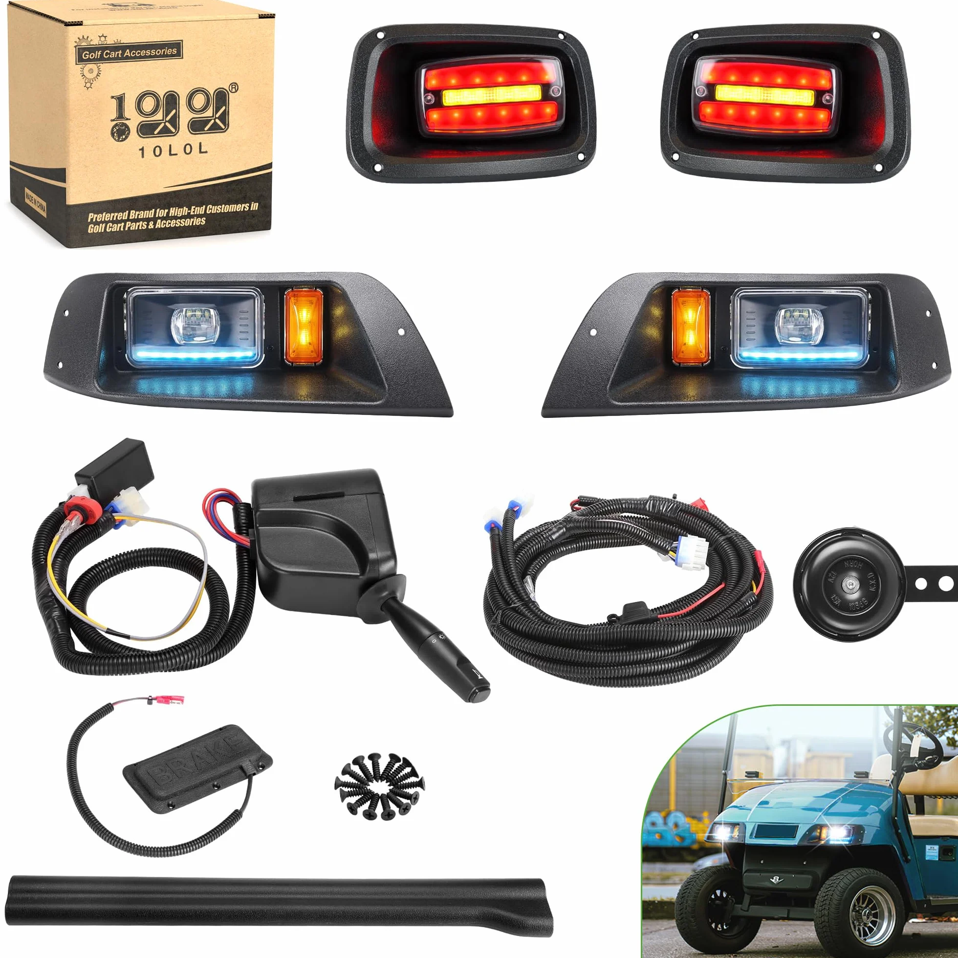 10L0L Zestaw reflektorów LED Deluxe do wózka golfowego EZGO TXT, ze światłami do jazdy dziennej, światłem mijania i kierunkowskazy