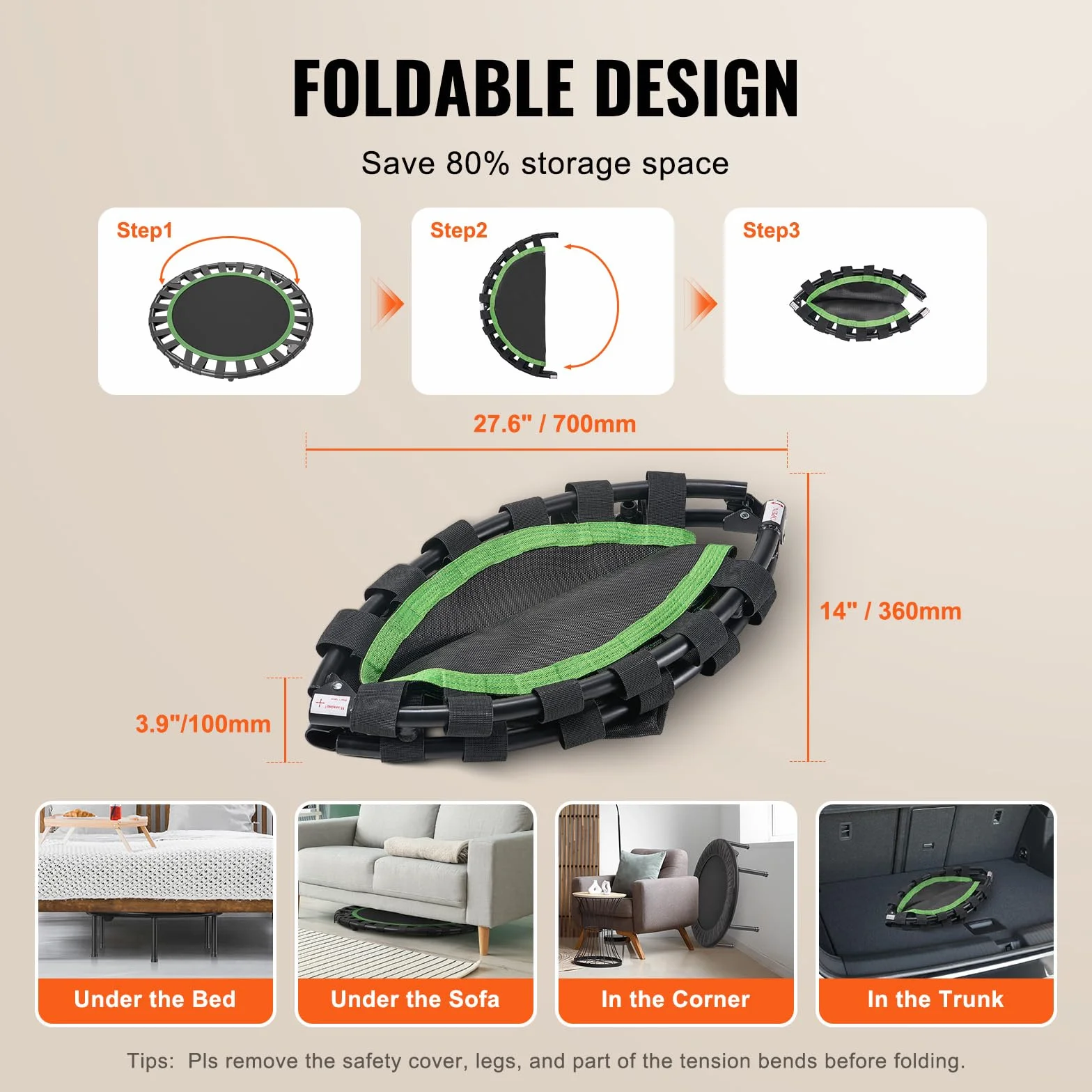 VEVOR Mini składana trampolina fitness 934 mm trampolina do ćwiczeń maksymalne obciążenie 100 kg mała stabilna i cicha trampolina do ćwiczeń do treningu w pomieszczeniach lub w ogrodzie