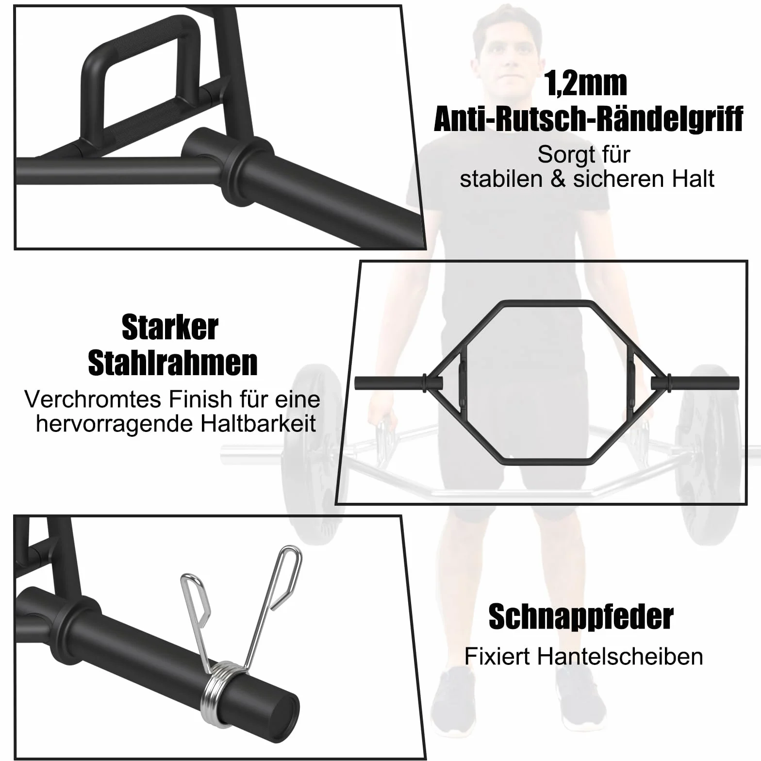COSTWAY Trap Bar, sztanga do hantli 142 cm z 2 zapięciami sprężynowymi i składanym uchwytem, uchwyt sześciokątny 25/50 mm, Olympic Bar do przysiadów, martwy ciąg