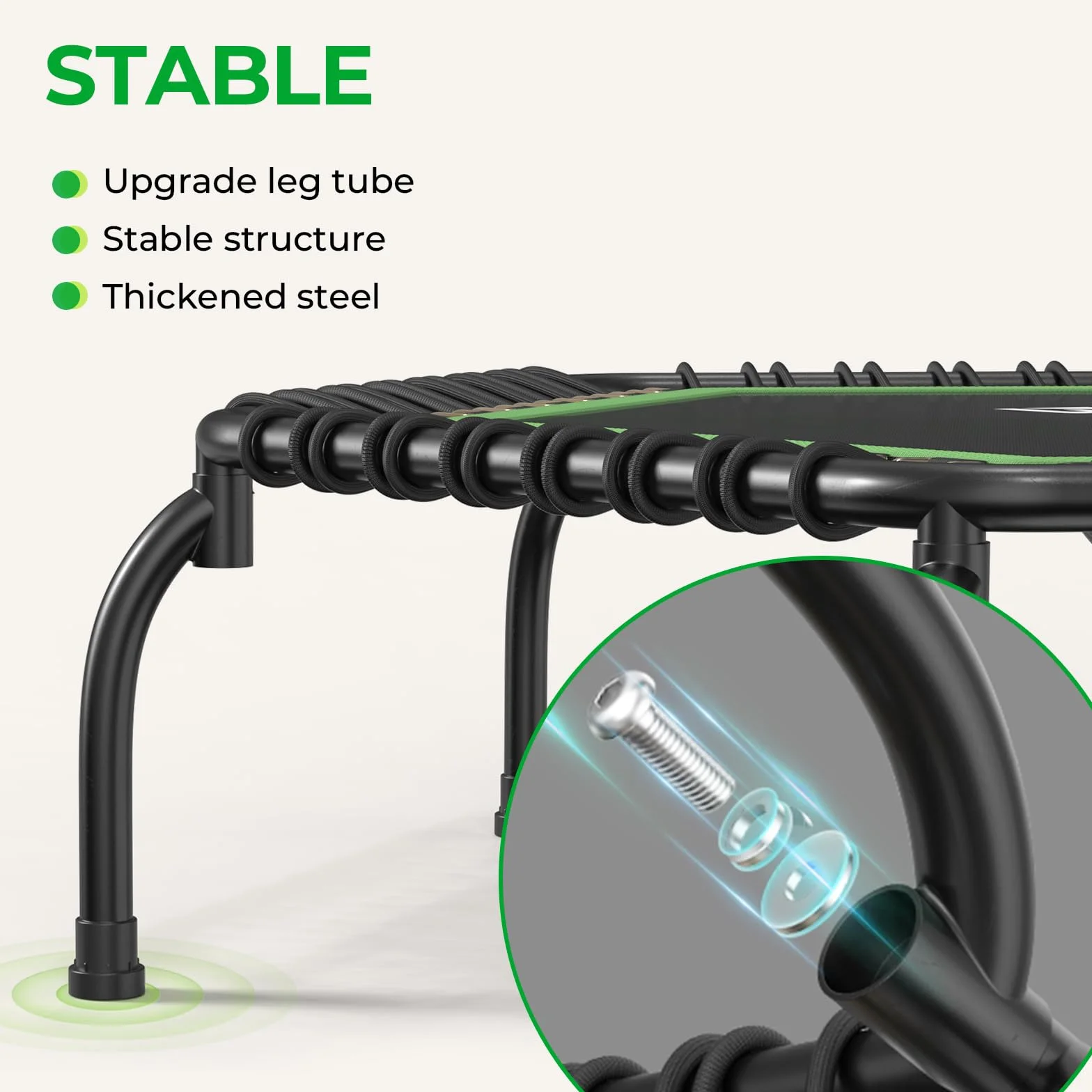 Trampolina wewnętrzna BCAN Fitness, średnica 102/122 cm, mini trampolina bungee/sprężynowa, odpowiednia dla osób dorosłych o wadze do 204/250 kg, z regulowanymi uchwytami, cicha i niskowibracyjna.