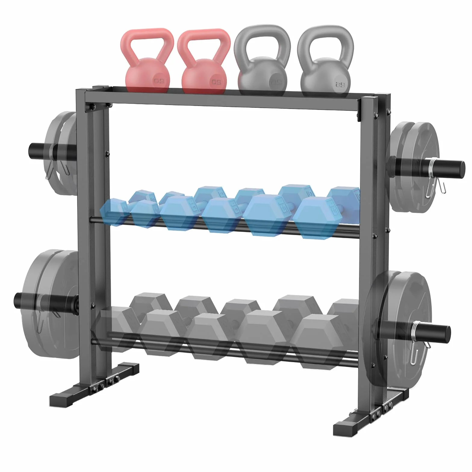 WINNOW Stojak na hantle, 3-poziomowy stojak do przechowywania hantli, talerzy obciążeniowych i kettlebells