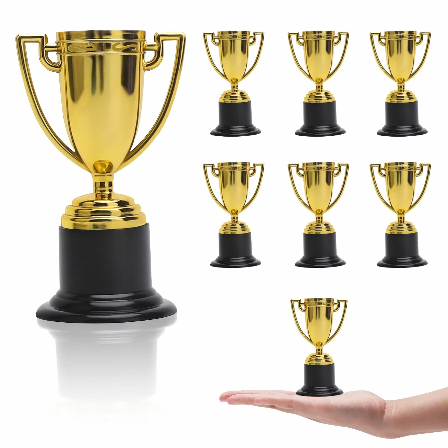 8 sztuk trofeów na prezent, mini złote trofea dla dzieci, tworzywo sztuczne, mini zwycięzcy puchary, puchar dla dzieci, na imprezę, jako upominek, urodziny dziecka, konkursy sportowe