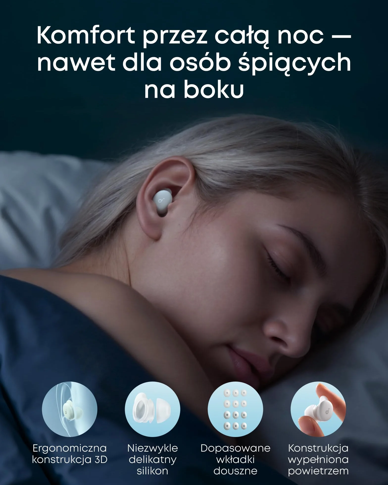 Słuchawki do spania soundcore Sleep A30 (wersja specjalna) Anker, pasywna i aktywna redukcja hałasu, maskowanie chrapania, dźwięki do zasypiania, komfort dla śpiących na boku, 10 godzin odtwarzania
