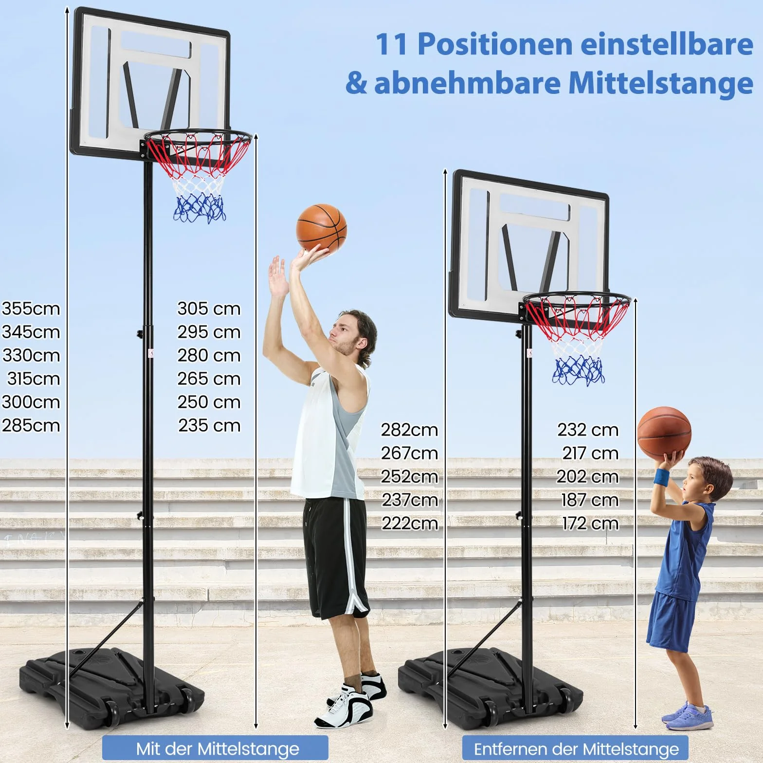 COSTWAY Kosz do koszykówki, stojak do koszykówki, 172-305 cm, z regulacją wysokości, kosz ze zdejmowaną rurą środkową i stojakiem, system koszykowy dla dzieci i dorosłych