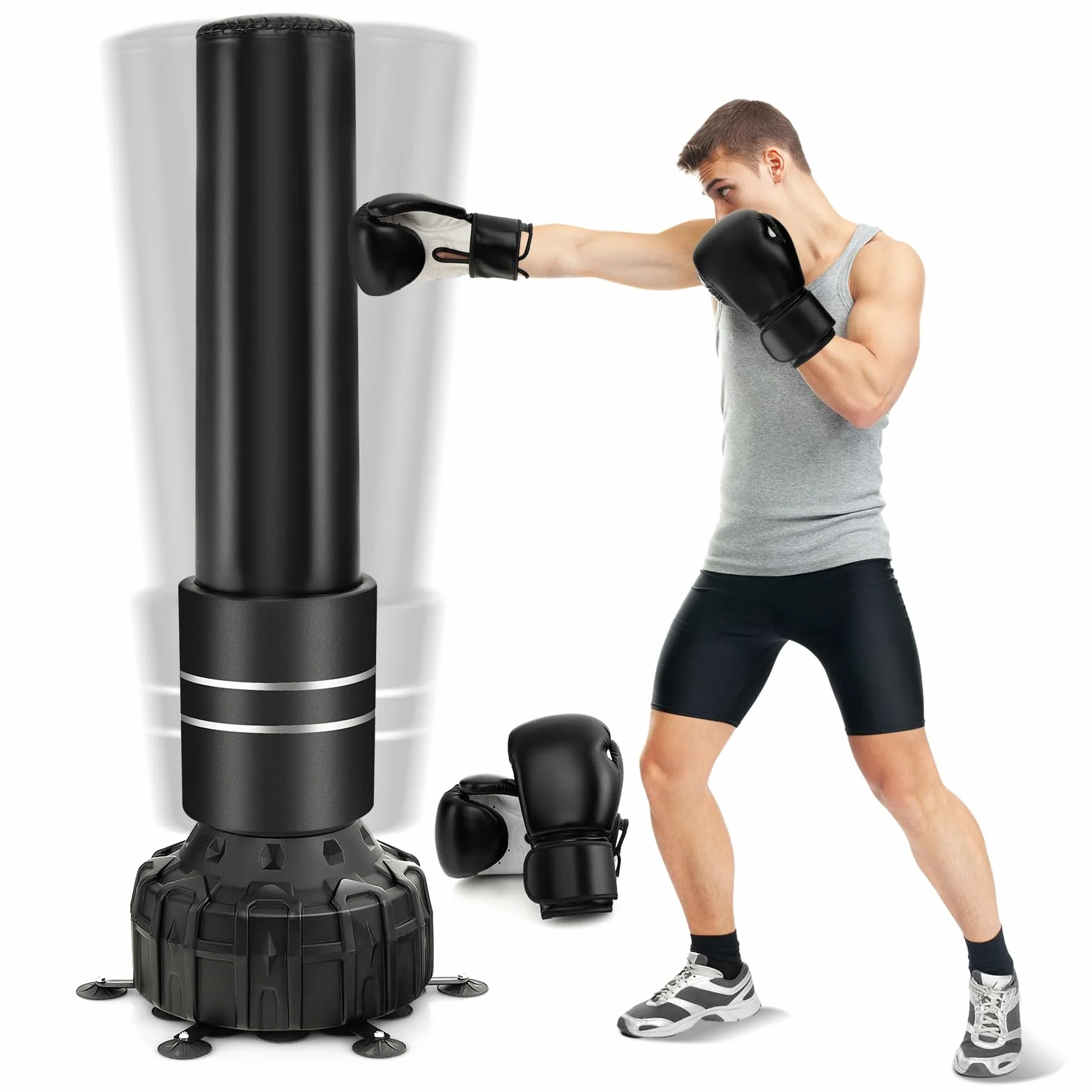 COSTWAY Wolnostojący worek bokserski, 173 cm/182 cm, stojący, z rękawicami bokserskimi i nóżką z przyssawką, worek kickboxing Trainer MMA dla dzieci i dorosłych