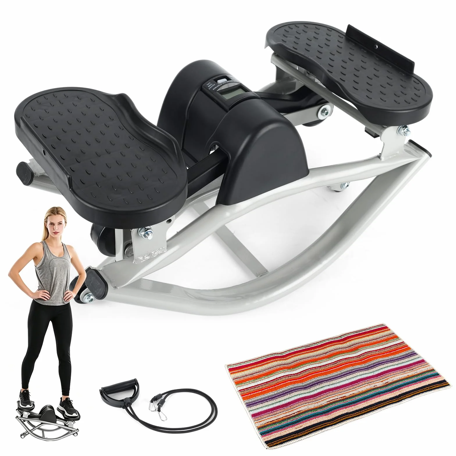 Rock Stepper Machine, siłownia, stepper schodowy z licznikiem i elastycznymi linami do ciągnięcia, zawiera matę antypoślizgową 70 x 40 cm, do domu, biura i ćwiczeń na siłownię, nogi, biodra, ramiona i
