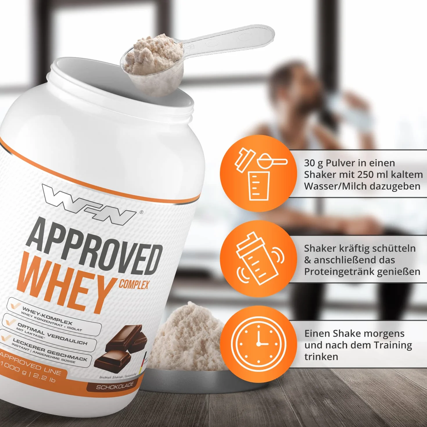 WFN Approved Whey proszek proteinowy – czekolada – 1 kg – z laktazą – bardzo dobrze rozpuszczalny proszek białkowy – wyprodukowany i sprawdzony laboratoryjnie w Niemczech
