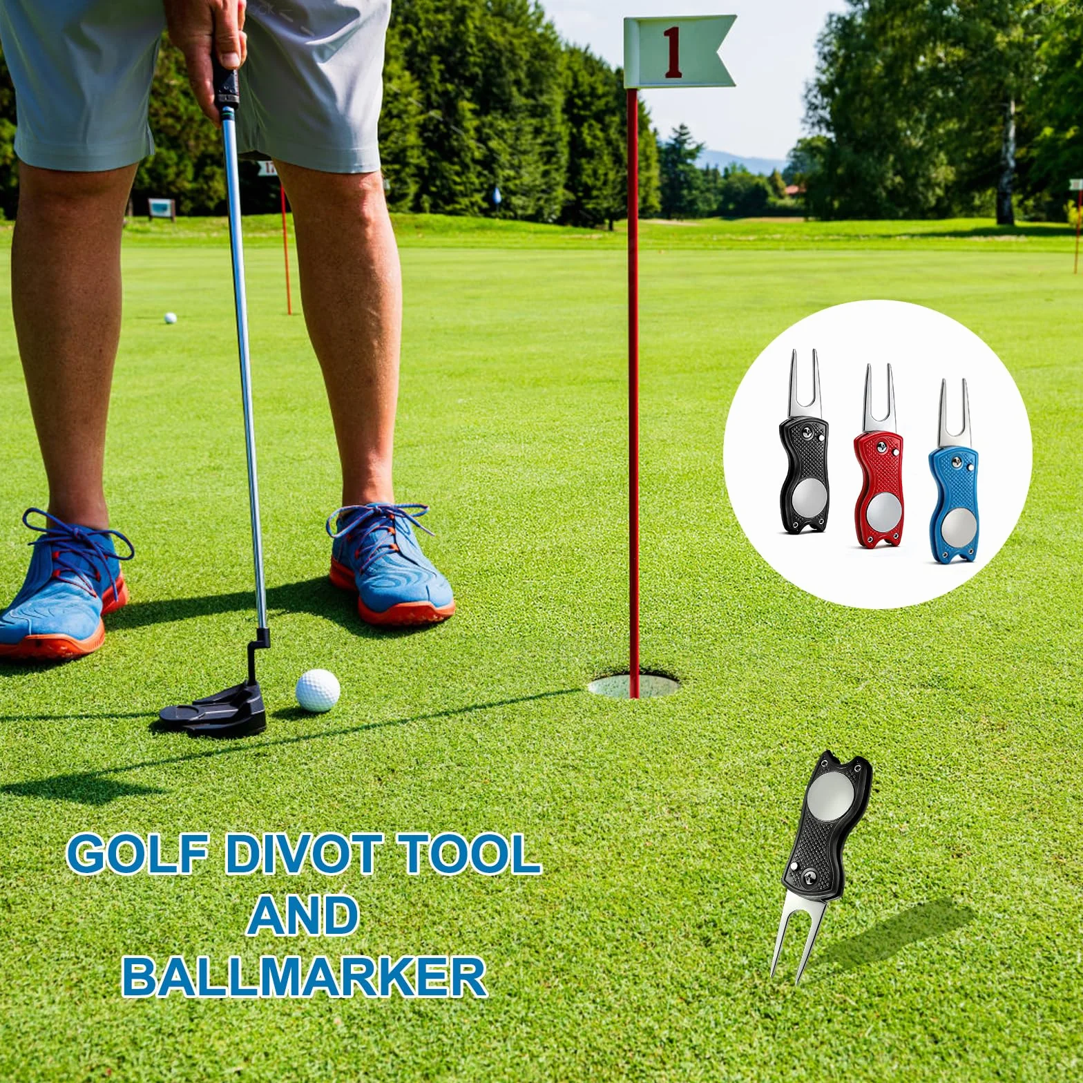 Zestaw 3 widelców golfowych – wytrzymały, składany widelec do golfa w kolorze czarnym, czerwonym, niebieskim, przenośne narzędzie do naprawy golfa, do gry w zielonego, divotowego, pola golfowego