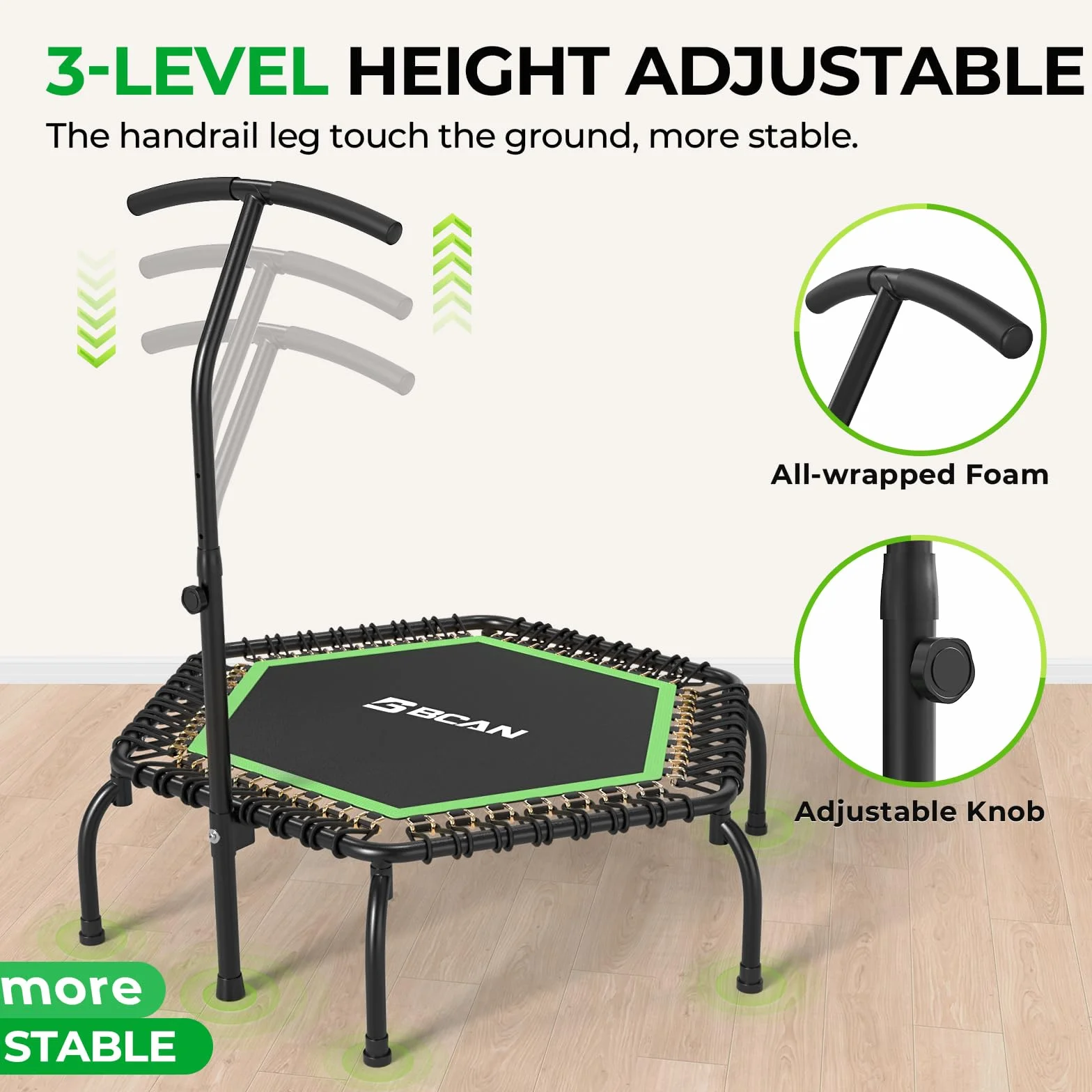 Trampolina wewnętrzna BCAN Fitness, średnica 102/122 cm, mini trampolina bungee/sprężynowa, odpowiednia dla osób dorosłych o wadze do 204/250 kg, z regulowanymi uchwytami, cicha i niskowibracyjna.