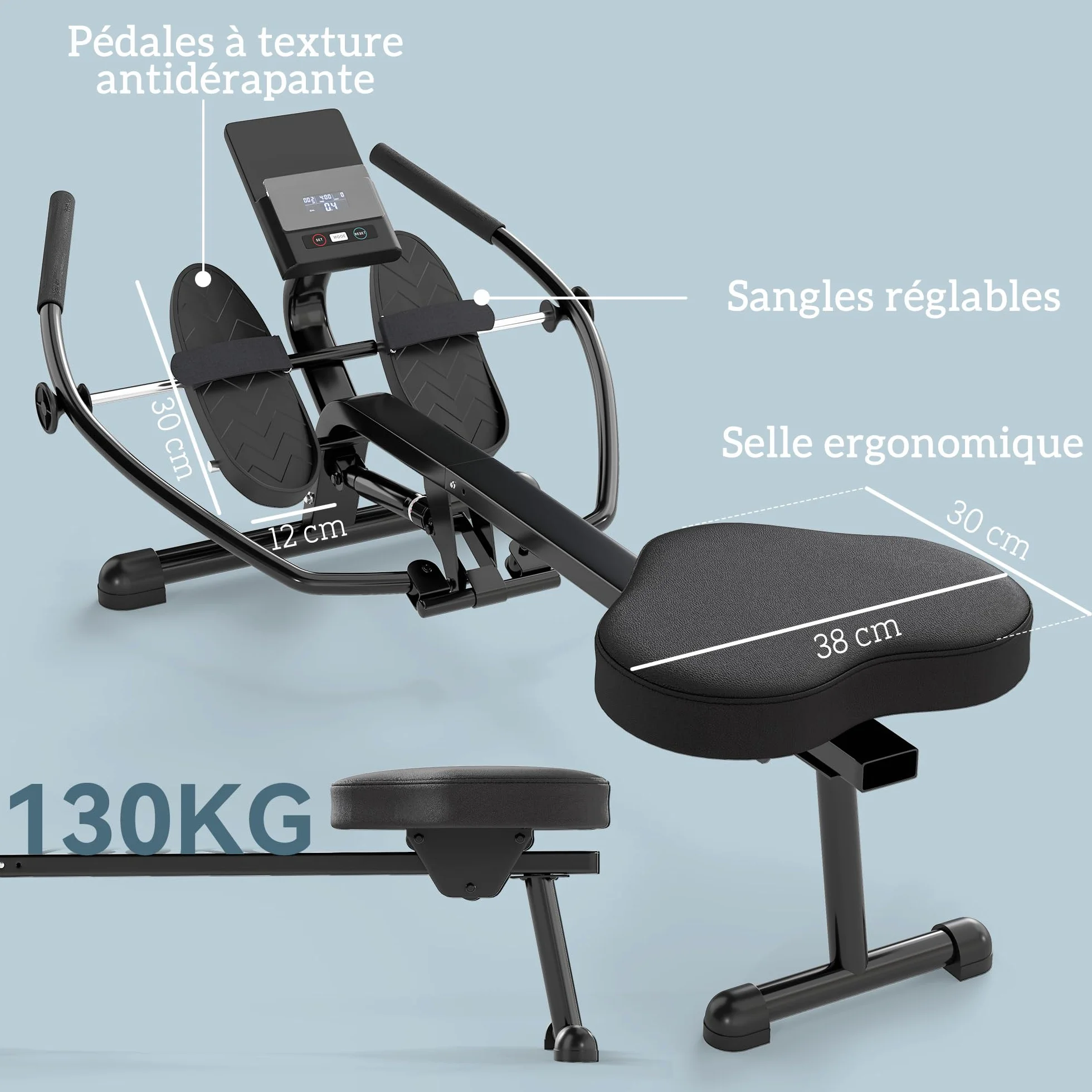 SPORTNOW Wioślarz hydrauliczny z 12 poziomami oporu Wioślarz z ekranem LCD i antypoślizgowym pedałem, maksymalne obciążenie 130 kg, trening cardio w domu, czarny