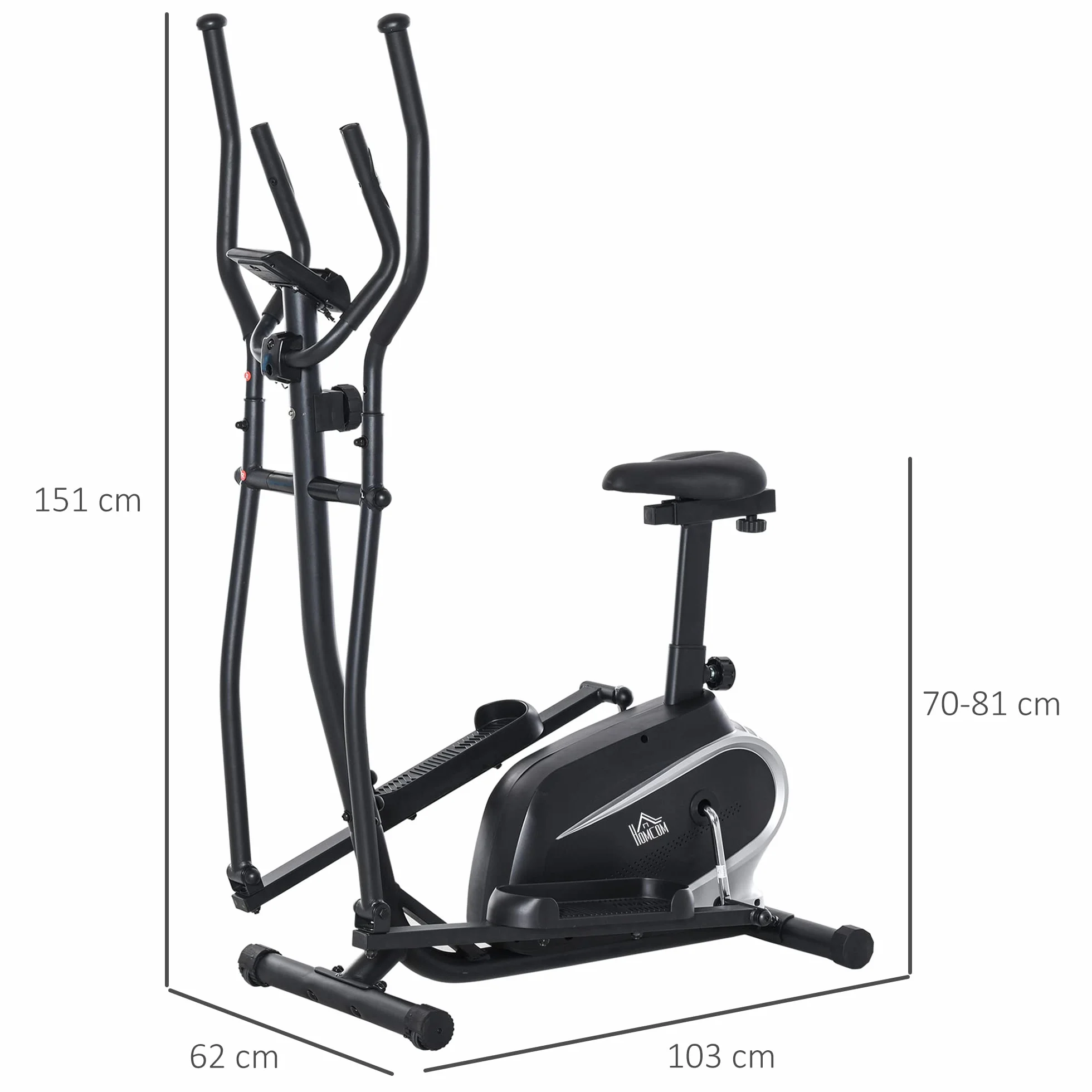 Rower eliptyczny HOMCOM 2 w 1 eliptyczny rower treningowy z monitorem LCD trenażer z regulowaną wysokością siodełka 8 poziomów 2 koła stal PVC ABS kolor czarny 103 x 62 x 151 cm