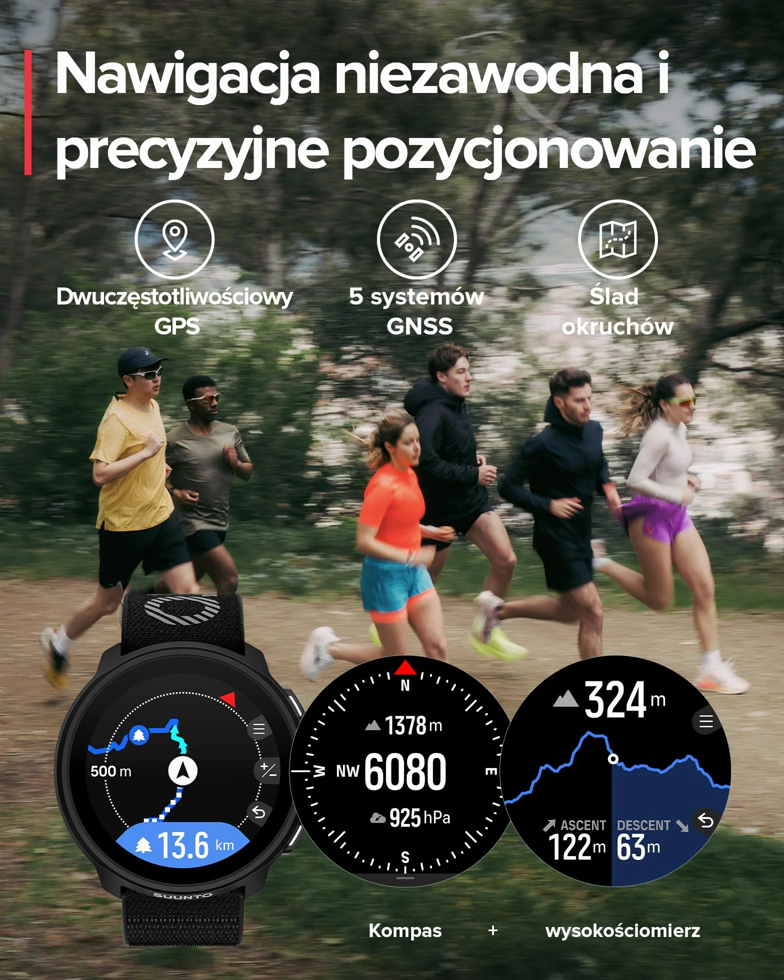 SUUNTO Run zegarek do biegania GPS AMOLED 1,32" multisport monitor aktywności śledzenie tętna/snu bateria 12 dni pamięć muzyczna 4 GB