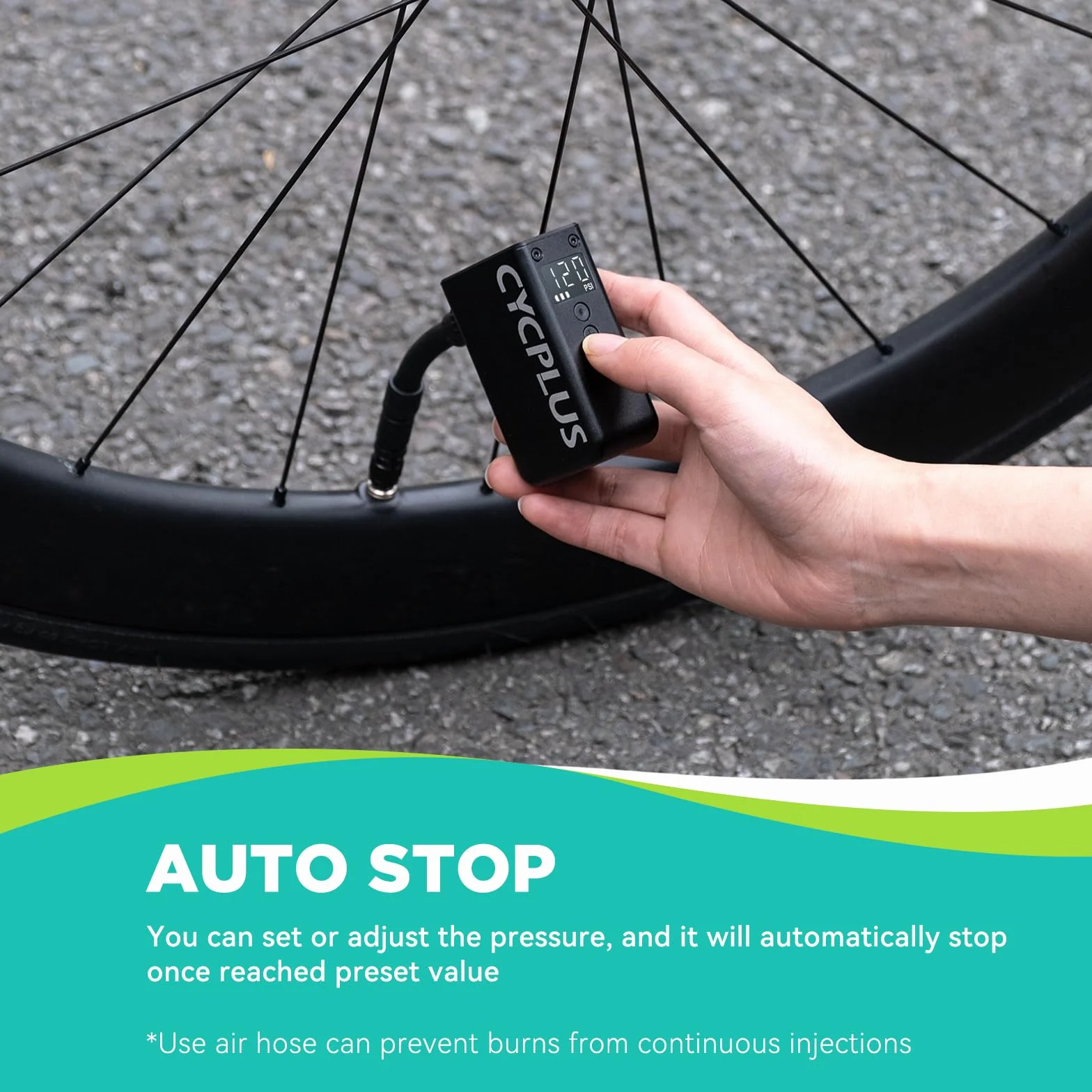 CYCPLUS Pompa mini miernik, MAX 120 PSI, akumulator, bezprzewodowy, automatyczny stop, zawory Presta i Schrader, do rowerów górskich, miejskich, szosowych i E-Bike AS2 Pro (aktualizacja 2025)