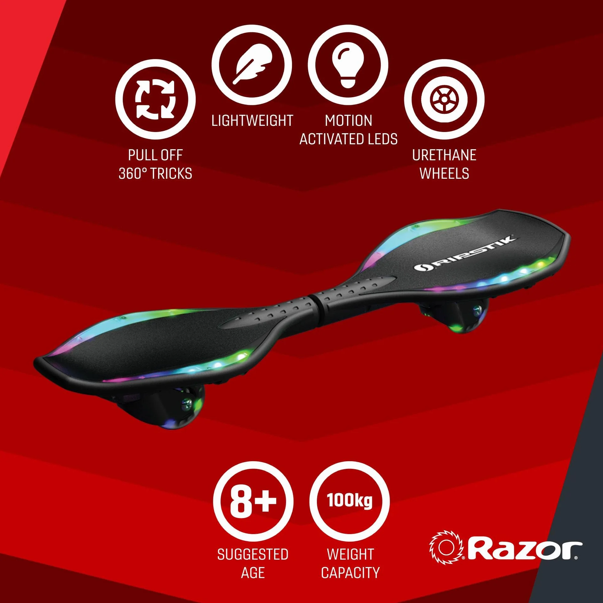 Razor RipStik Ripster Lightshow – podświetlana deska na dwa kółka z kółkami 360 stopni, kompaktowa i lekka, dla dzieci i nastolatków, czarna