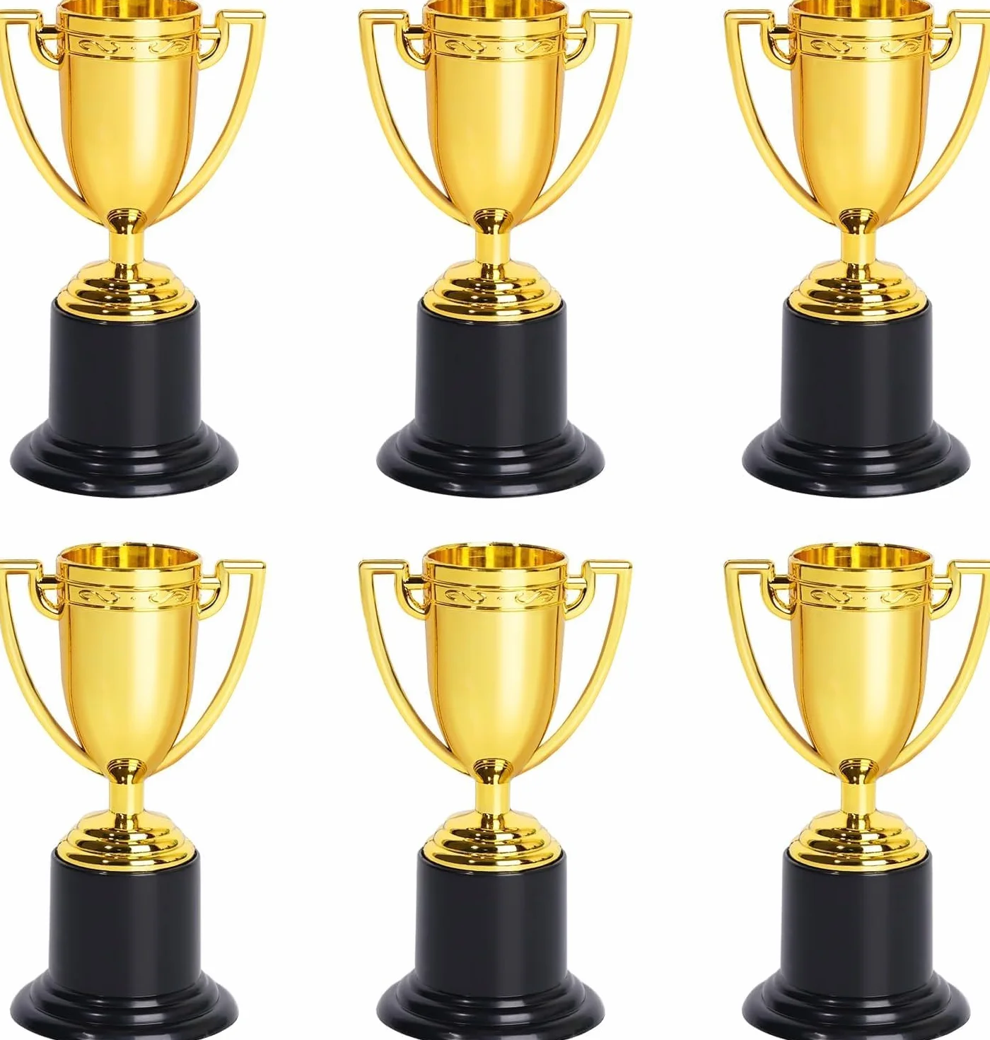 Złote mini trofea - 6 małych plastikowych trofeów na urodziny dziecka, turnieje sportowe, nagrody szkolne, prezenty imprezowe, imprezy biurowe - dekoracje i nagrody