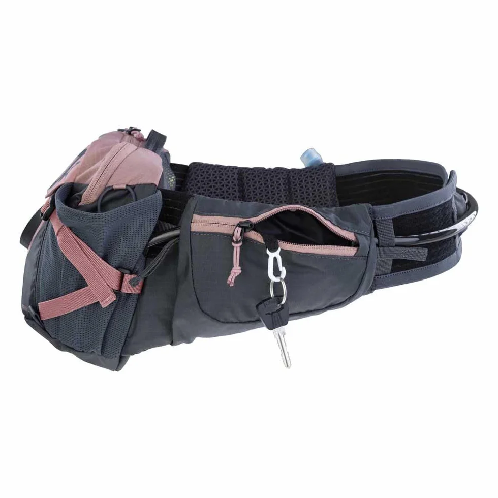 EVOC HIP PACK PRO 3 + HYDRATION BLADDER 1.5, saszetka biodrowa (AIR FLOW CONTACT SYSTEM, pas biodrowy AERO FLEX, w tym 1,5l bukłak i uchwyt na butelkę, One Size), Dusty Pink - Carbon Grey