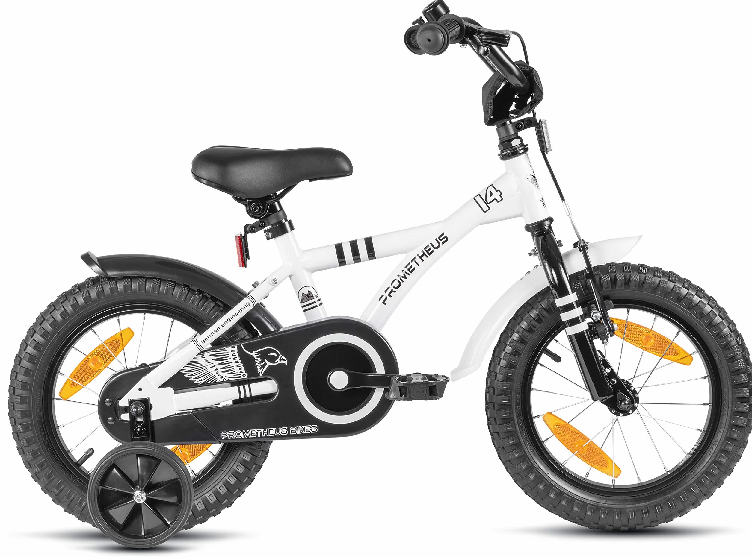 PROMETHEUS BICYCLES Rower dziecięcy 14 cali od 4 lat – rower dziecięcy, dla dziewcząt, chłopców, z kółkami podporowymi, hamulec nożny w kolorze białym