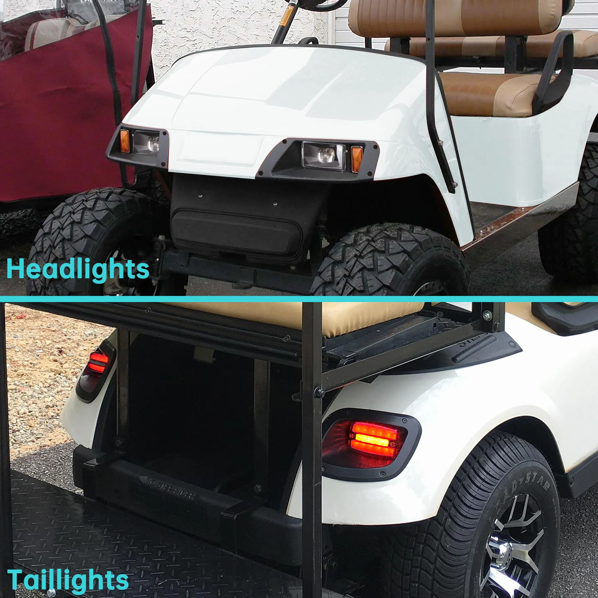 10L0L Zestaw reflektorów LED Deluxe do wózka golfowego EZGO TXT, ze światłami do jazdy dziennej, światłem mijania i kierunkowskazy