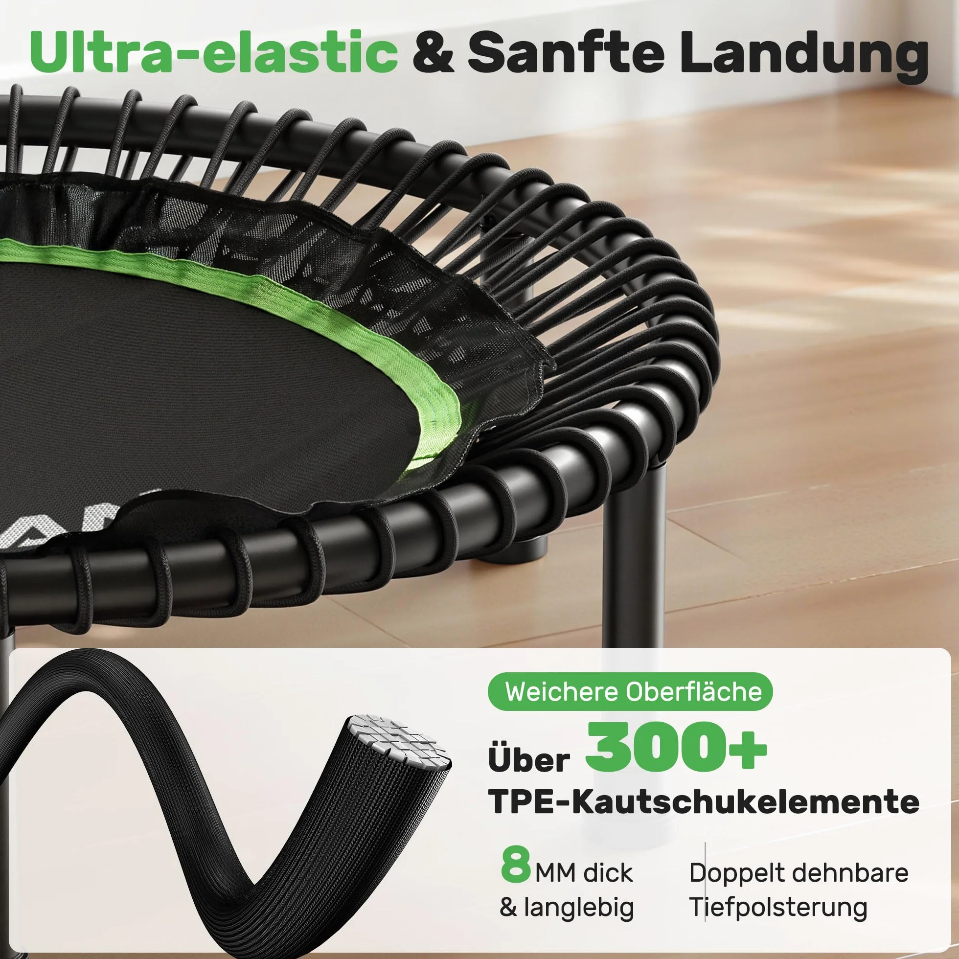 Trampolina BCAN 102/122 cm dla dorosłych, udźwig 204/250 kg, linki bungee, regulowany uchwyt, stabilna, cicha, do użytku wewnątrz/na zewnątrz, trening całego ciała, relaks w domu