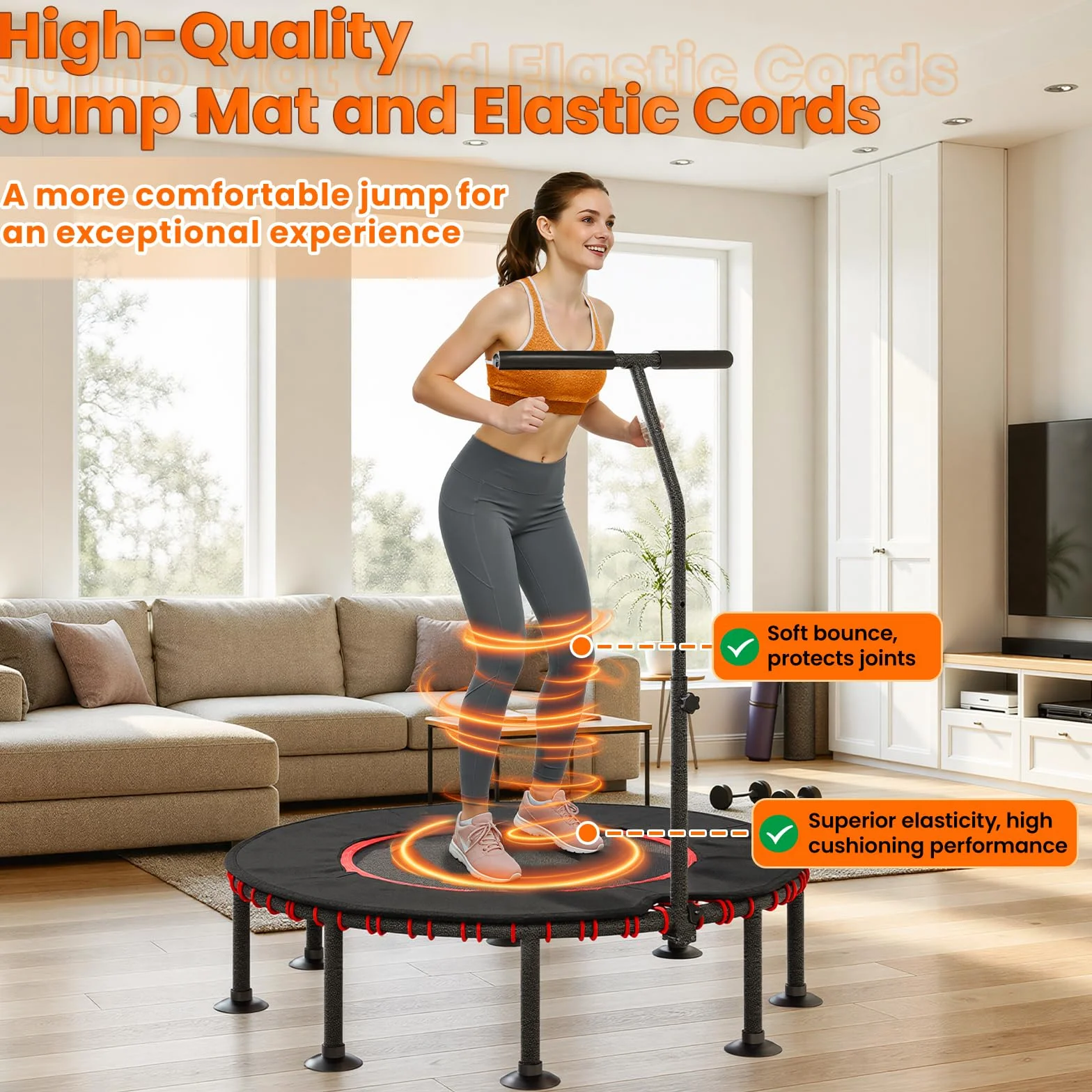 LIFERUN Trampolina fitness do użytku wewnątrz Ø 102/122 cm, mini gumowe linki, trampolina, udźwig 150 kg, wyściełany pokrowiec ochronny, regulowany uchwyt, dla dorosłych, stabilna, cicha, do domu
