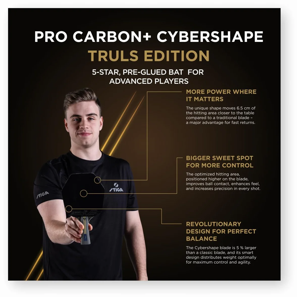 STIGA Pro Carbon Plus Cybershape Truls Edition kij do tenisa stołowego 5-gwiazdkowy, technologia Touch Carbon, gumy STAR5 ITTF