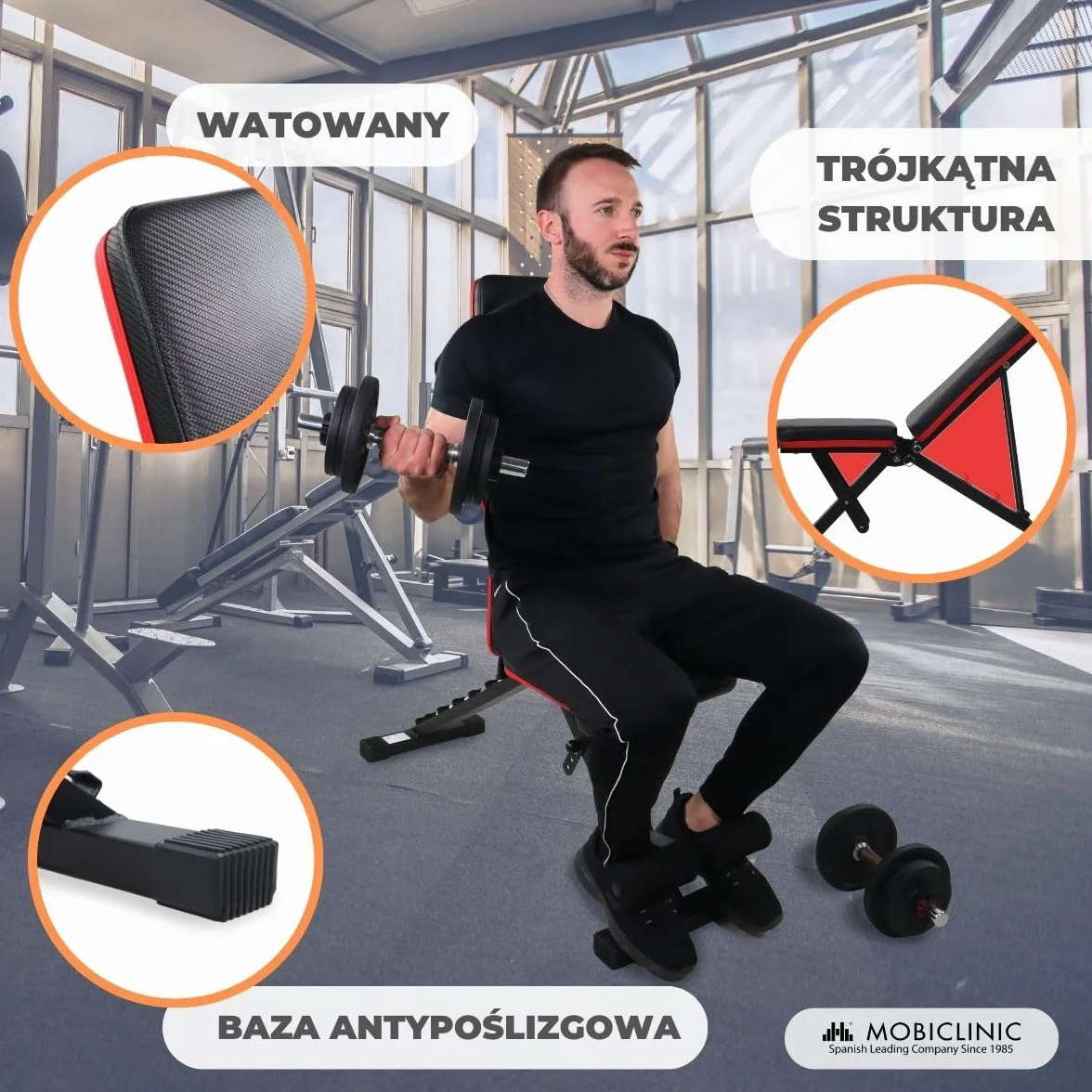 Mobiclinic® fitness, Ławka treningowa, Składana, Udźwig 200 kg, Regulowane siedzisko i oparcie, Flexfit, Wielofunkcyjna, Trening całego ciał, Mocna stabilna, Domowa łownia