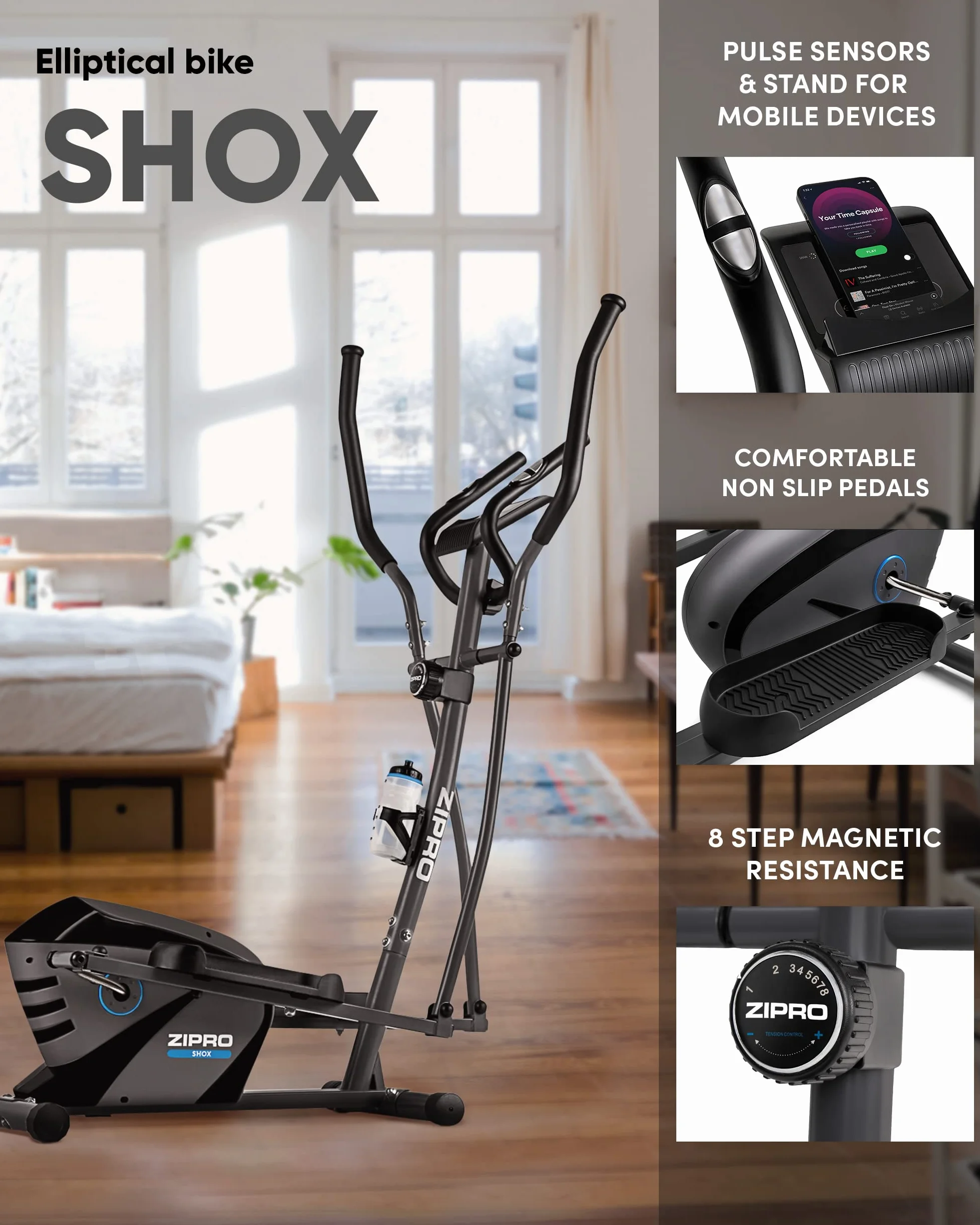 ZIPRO Shox RS Orbitrek Magnetyczny - Domowy Rowerek Eliptyczny z Kółkami Transportowymi - 8 Poziomów Oporu - Wielofunkcyjny Komputer z Wyświetlaczem LCD i Sensorami Pulsu - Piankowe Uchwyty