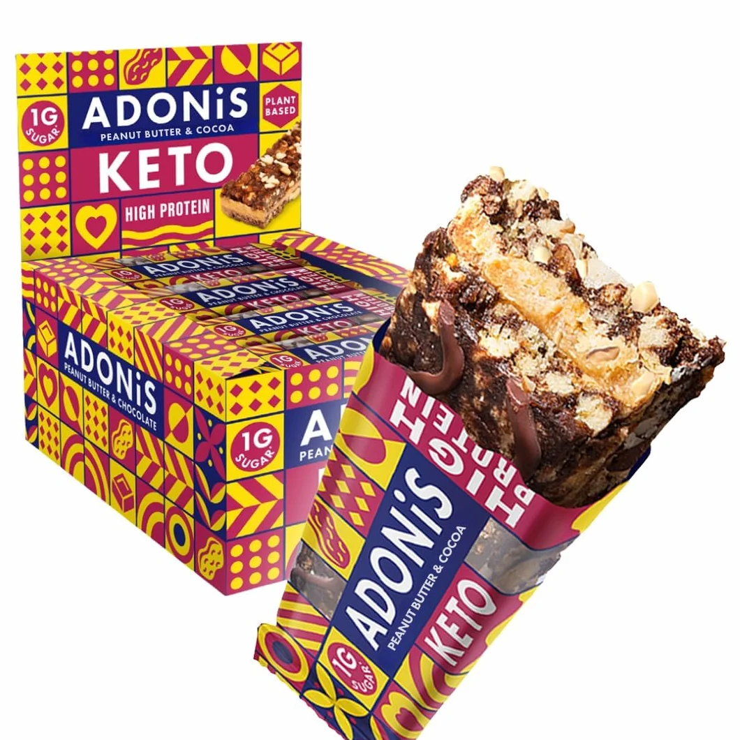 Adonis Keto Protein Bars | Peanut Butter & Chocolate Snack Bars | 100% Natural Nut Snacks, Low Carb, High in Protein, Vegan, Gluten Free, Low Sugar, Paleo (Box mit 16)