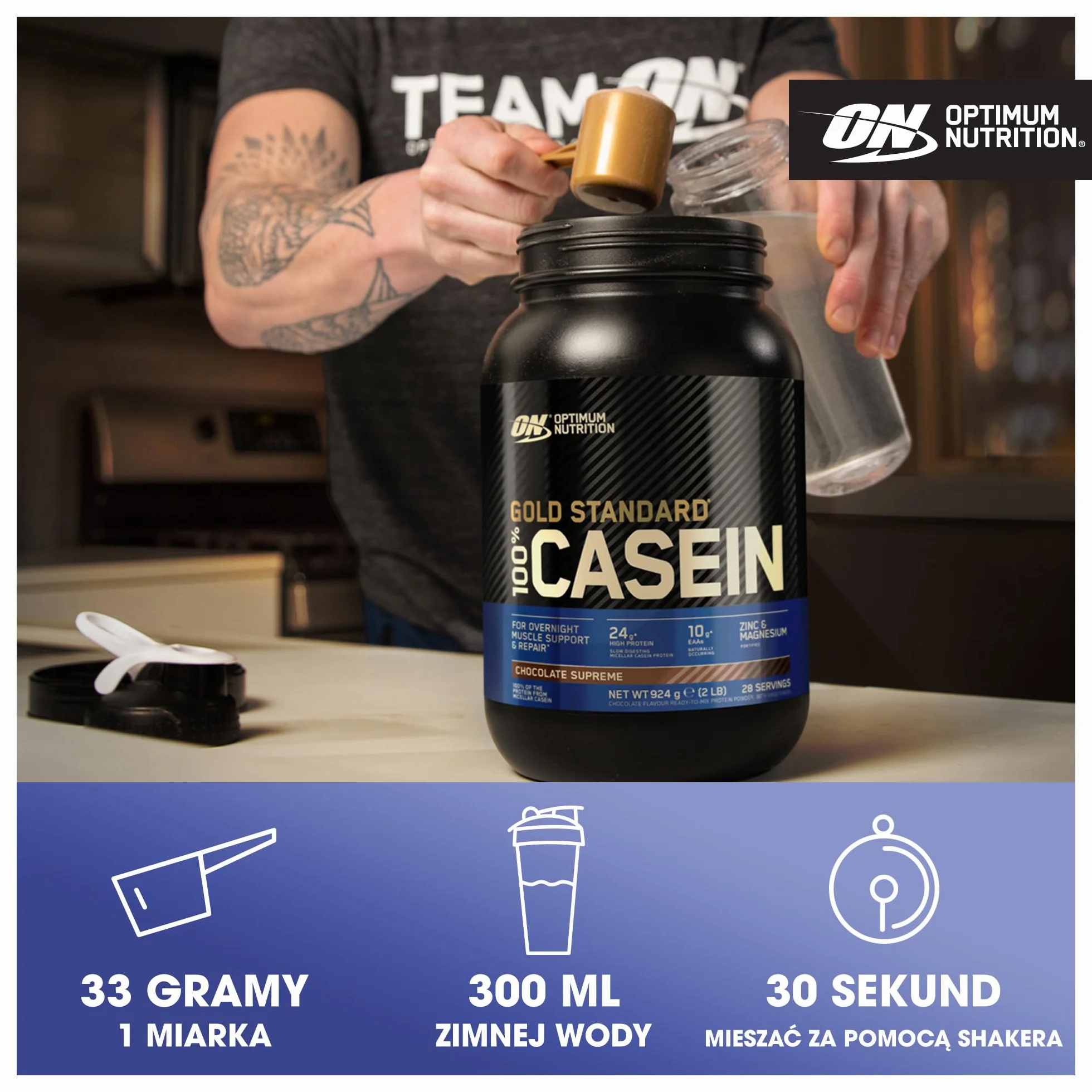Optimum Nutrition Gold Standard 100% Casein Wolno przyswajalna odżywka na noc z cynkiem, magnezem i aminokwasami, wspomagająca wzrost i odbudowę mięśni, smak Chocolate Supreme, 55 porcji, 1,82 kg