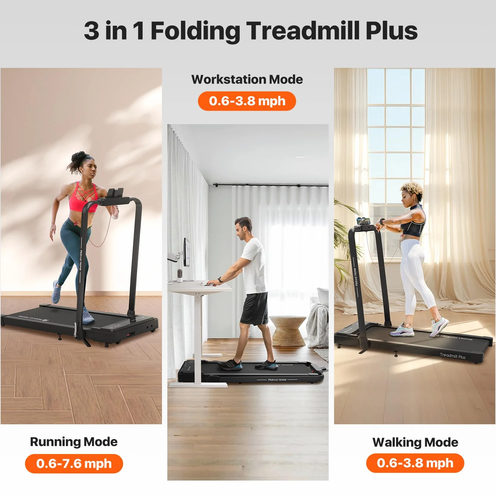 Mobvoi Home 3 w 1 składana bieżnia z 6% nachyleniem bieżni 2,5 KM Kompaktowa przenośna bieżnia pod biurko z pilotem Wyświetlacz LED do biura domowego 120 kg 12 km/h Łatwa do przechowywania